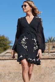 Sosandar Black Embroidered Floral Detail Ruffle Hem Dress - Image 1 of 5