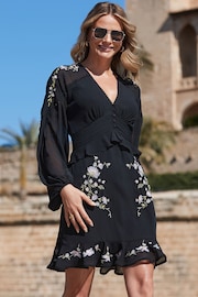 Sosandar Black Embroidered Floral Detail Ruffle Hem Dress - Image 2 of 5