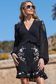 Sosandar Black Embroidered Floral Detail Ruffle Hem Dress - Image 3 of 5