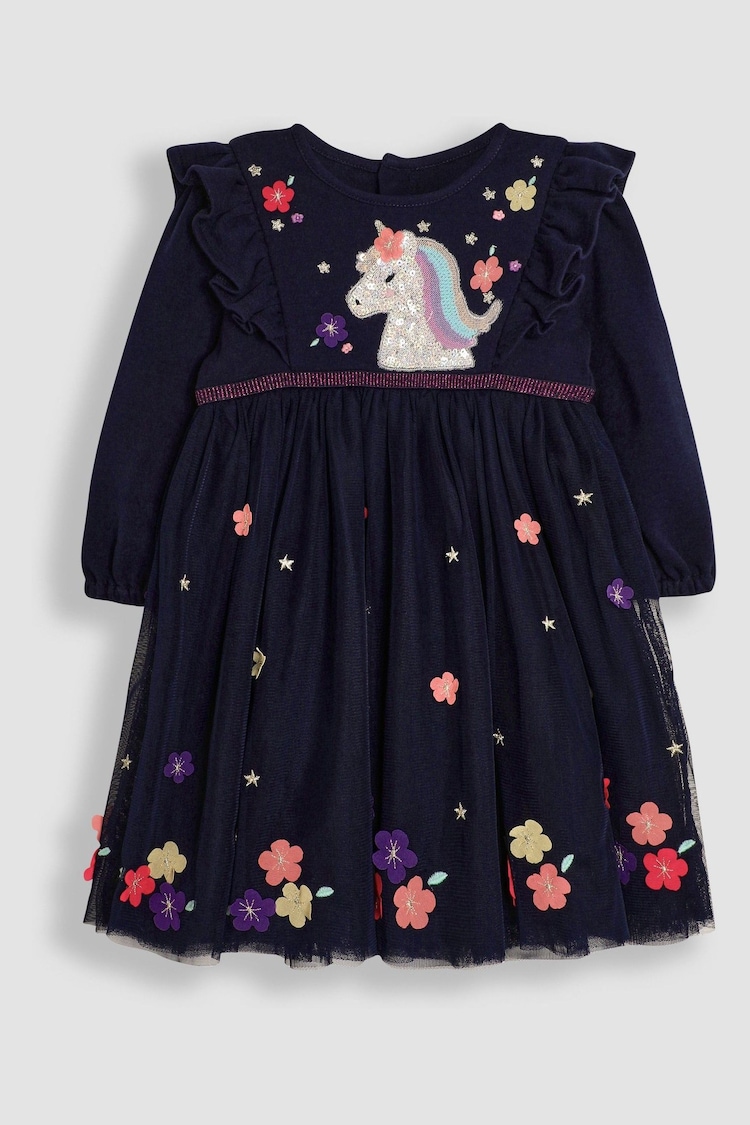 JoJo Maman Bébé Blue Unicorn Appliqué Tulle Party Dress - Image 1 of 3