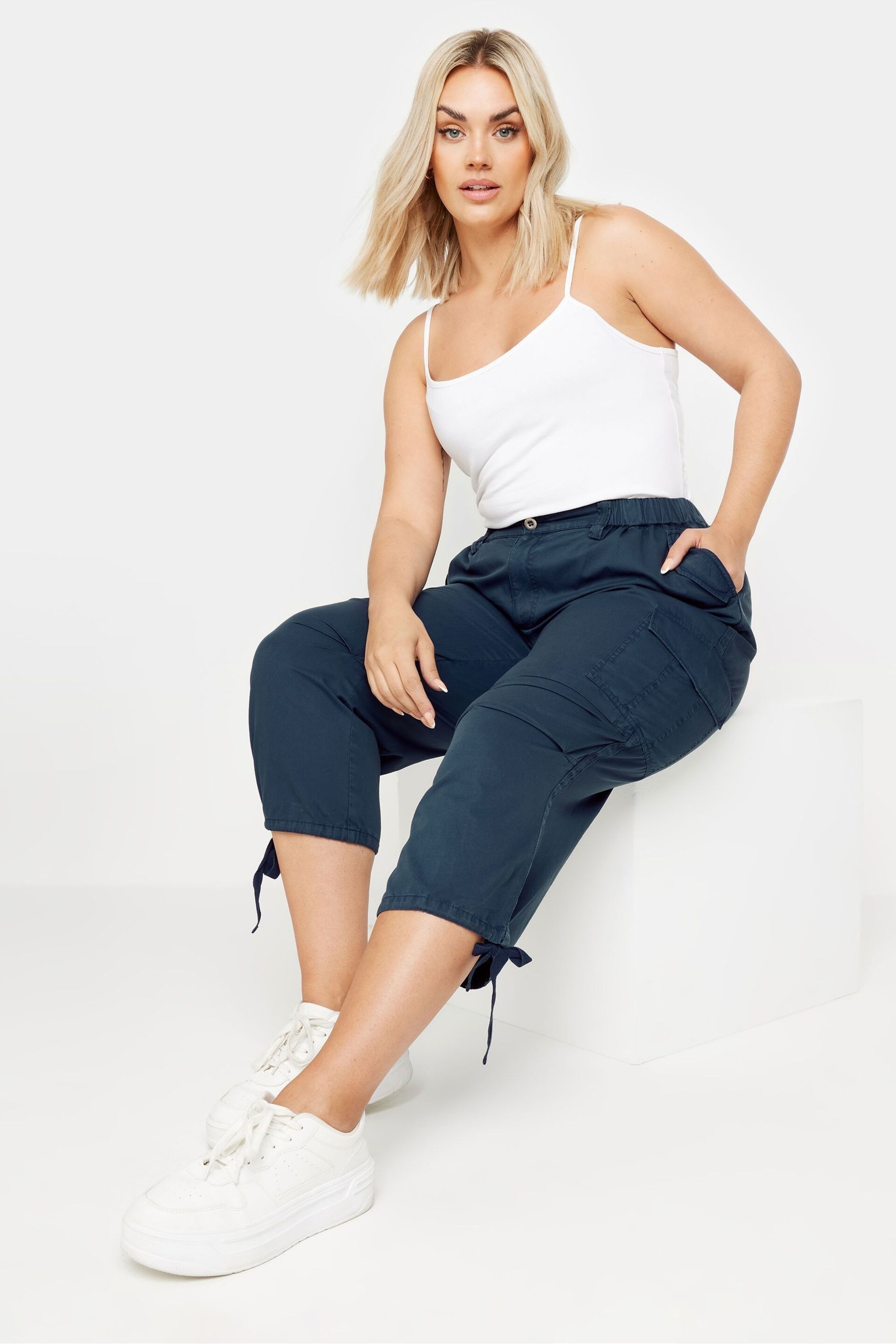 Yours Curve Blue Cargo Cropped Trousers - Image 2 of 5