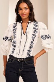 Lipsy White 3/4 Sleeve Embroidered Tie Neck Blouse - Image 1 of 4