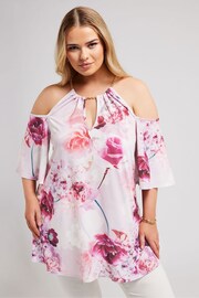 Yours Curve Pink YOURS LONDON Floral Print Chain Cold Shoulder Top - Image 2 of 6