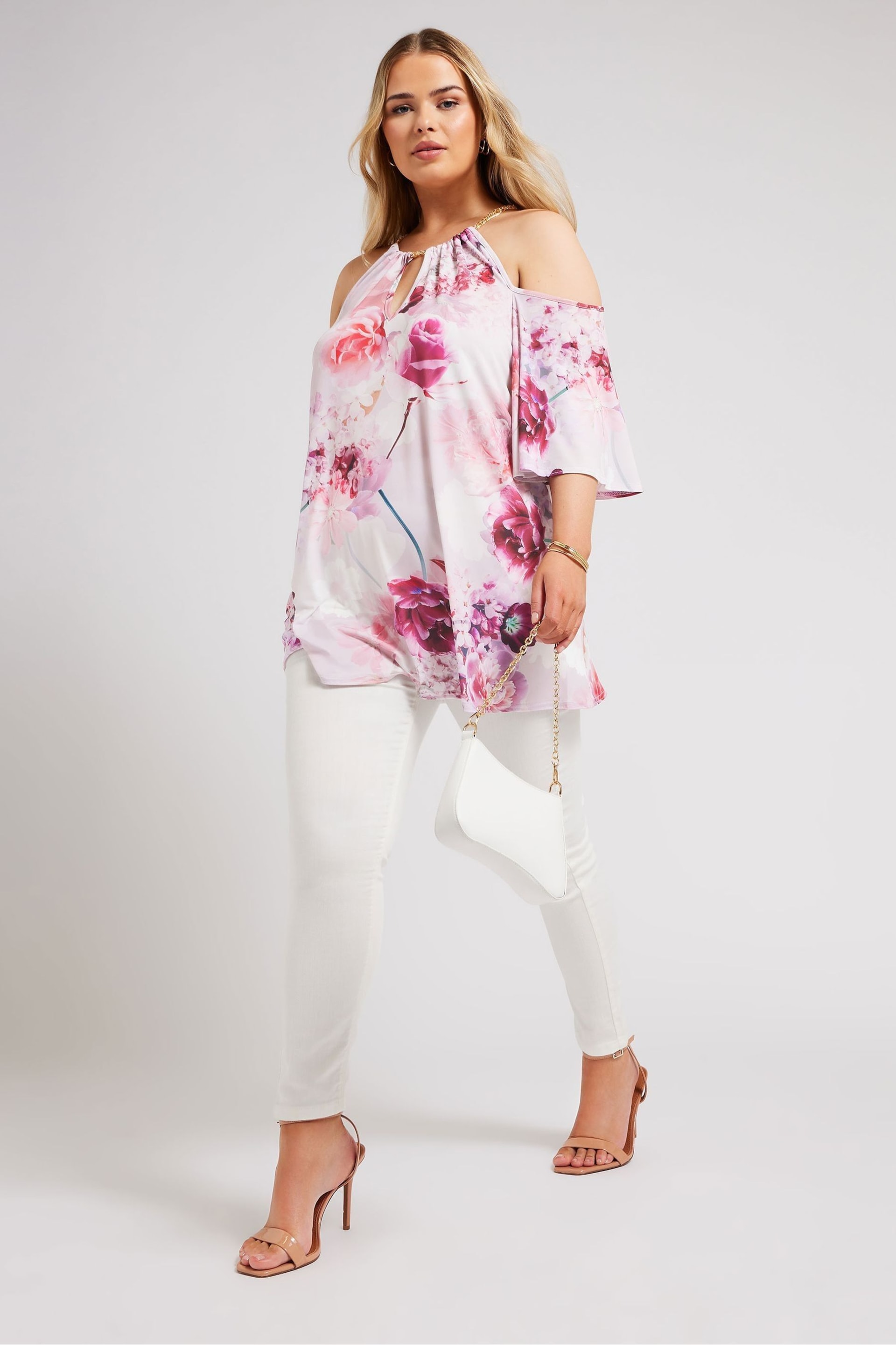 Yours Curve Pink YOURS LONDON Floral Print Chain Cold Shoulder Top - Image 3 of 6