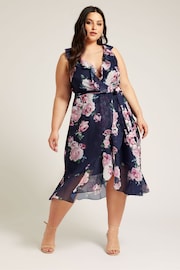 Yours Curve Blue YOURS LONDON Curve Navy Blue Floral Ruffle Wrap Dress - Image 1 of 2