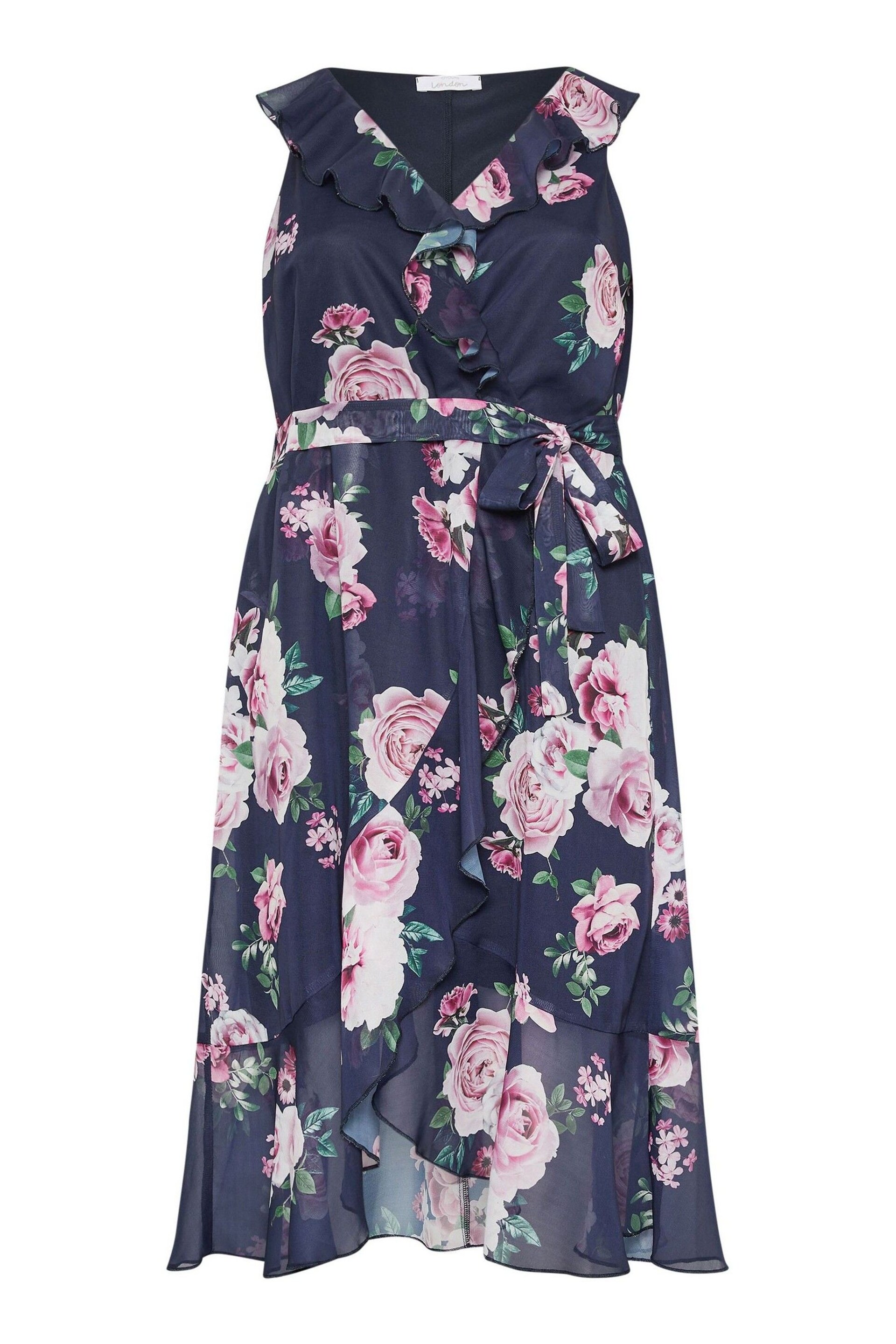 Yours Curve Blue YOURS LONDON Curve Navy Blue Floral Ruffle Wrap Dress - Image 2 of 2