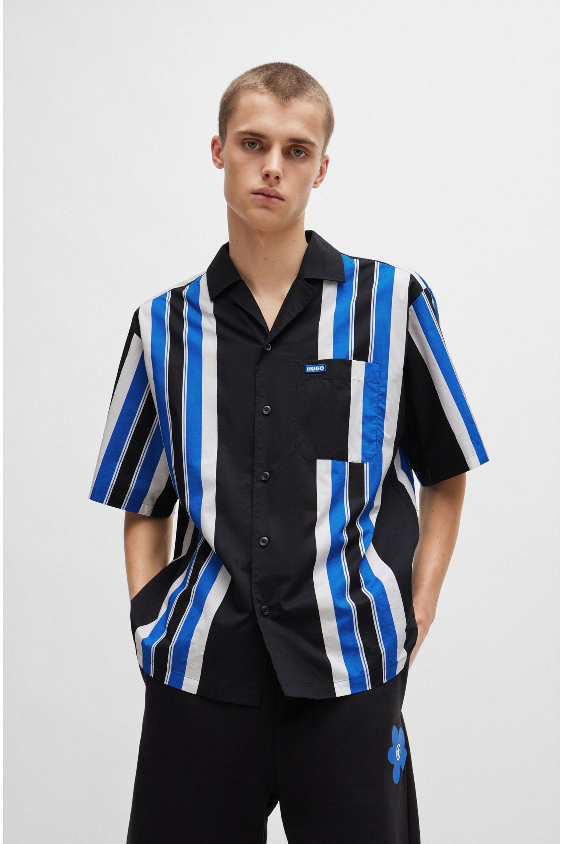 HUGO Blue Oversize Stripe Resort Shirt - Image 4 of 5