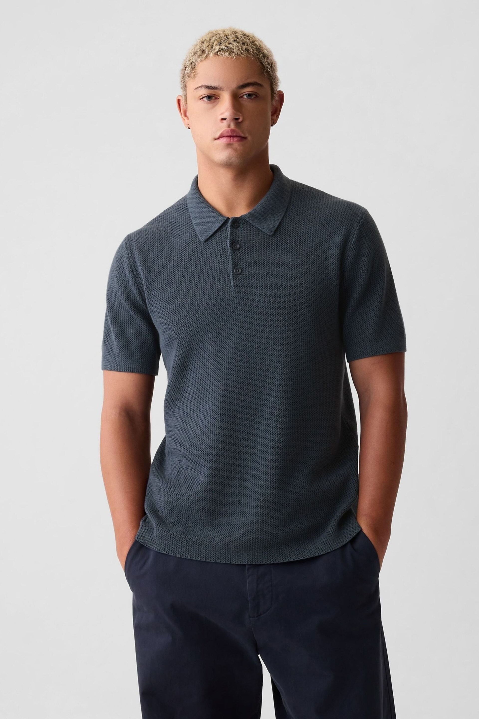 Gap Blue Cotton Textured Short Sleeve Polo Shirt - Image 1 of 4