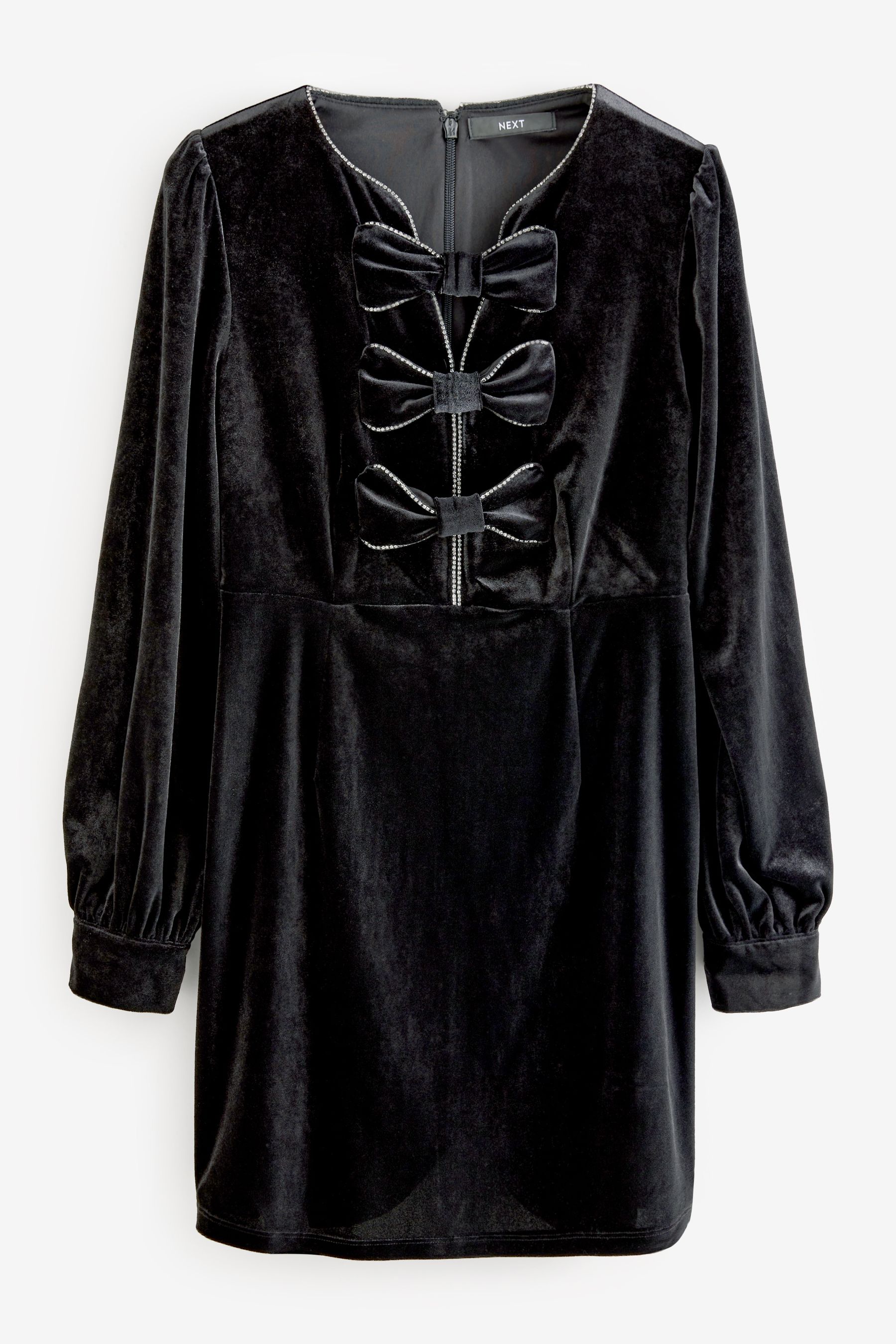 Black Long Sleeve Velvet Bow Mini Dress
