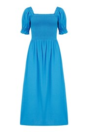 Pour Moi Blue Daisy Shirred Bodice Short Sleeve Linen Blend Midi Dress - Image 3 of 4