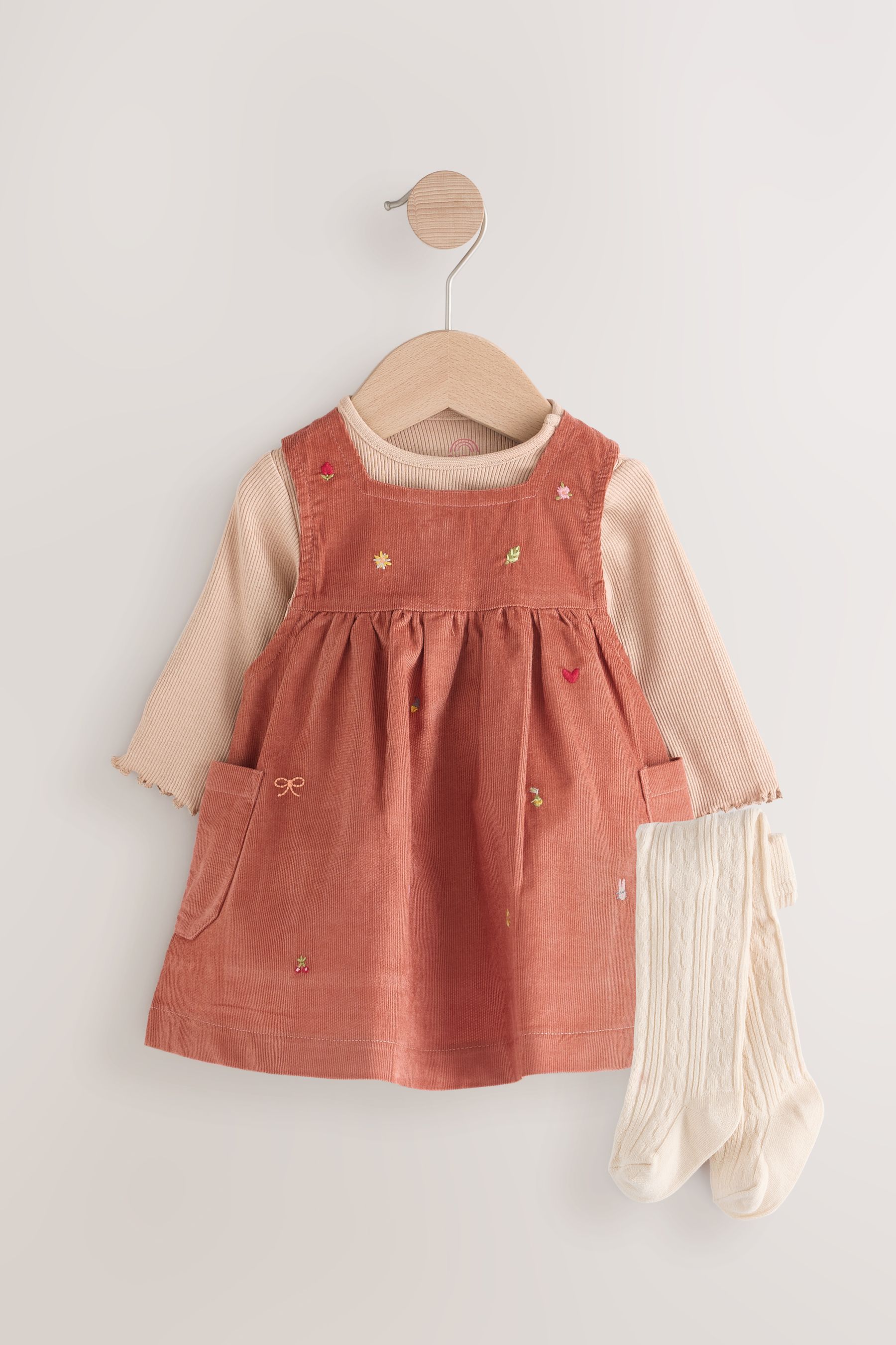 Rust Brown Embroidered Baby Corduroy Pinafore Dress With Tights 0mths 2yrs