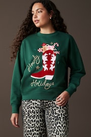 Forest Green/Pink/Red Novelty Christmas Fun Graphic Stocking Cowboy Boot Crew Neck Sweatshirt - Image 1 of 7