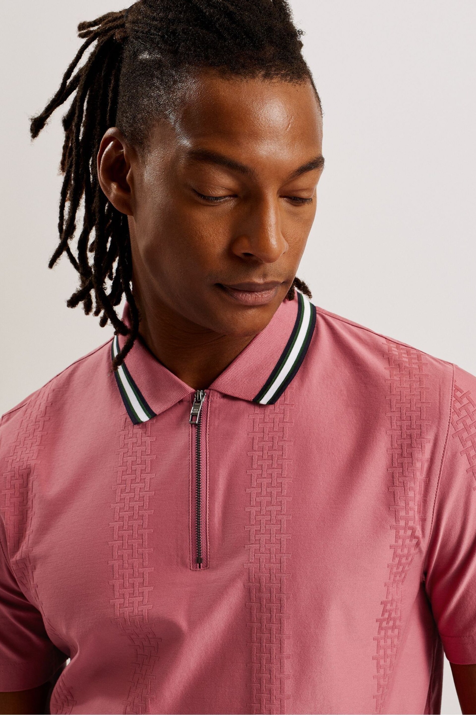 Ted Baker Slim Fit Pink Orbite Short Sleeve Jacquard Polo Shirt - Image 3 of 5