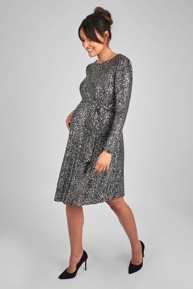 JoJo Maman Bébé Silver Maternity Sequin Shift Mini Dress - Image 1 of 4