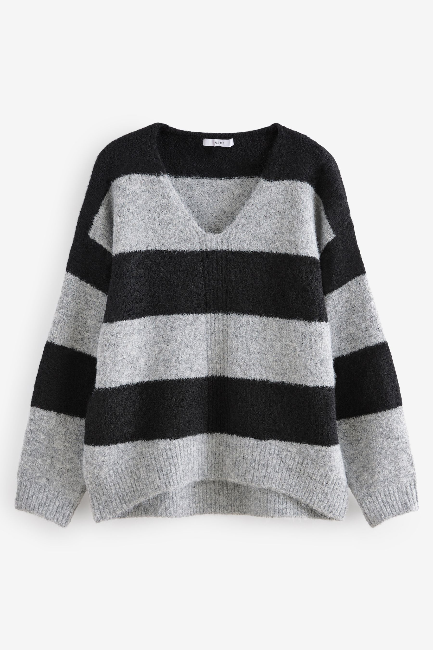 Buy Grey Black Stripe Relaxed Fit Soft Touch V Neck Knitted Jumper with Wool from the Next UK online shop