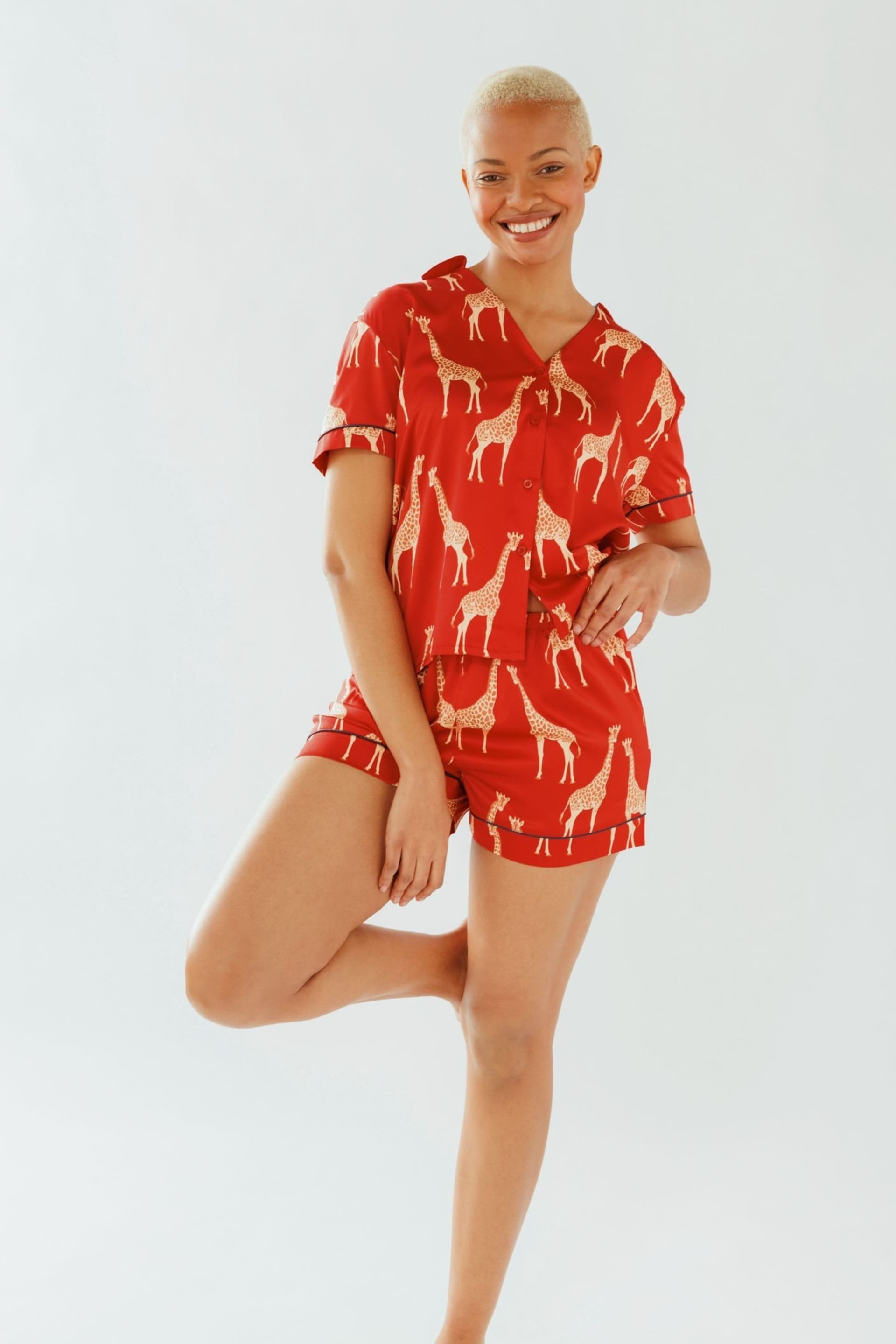 Chelsea Peers Red Satin Giraffe Print Short Pyjama Set - Image 1 of 5