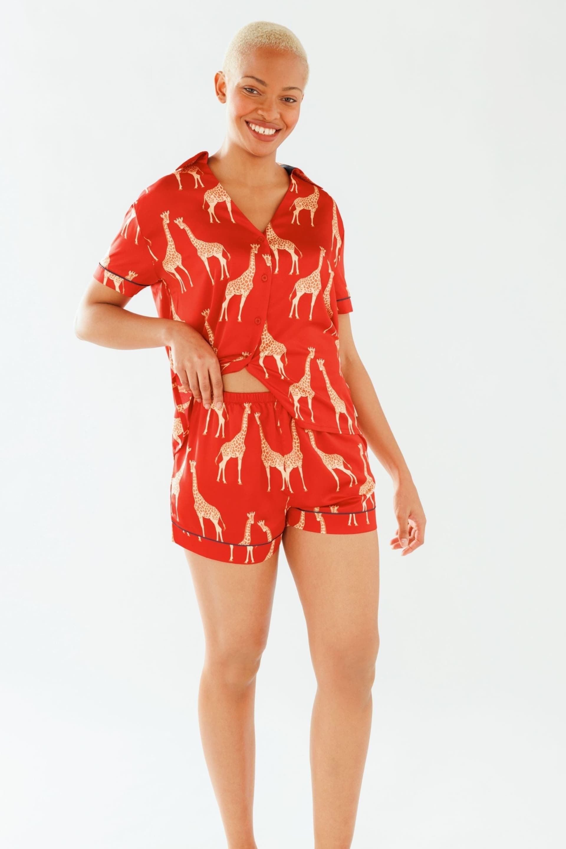 Chelsea Peers Red Satin Giraffe Print Short Pyjama Set - Image 3 of 5