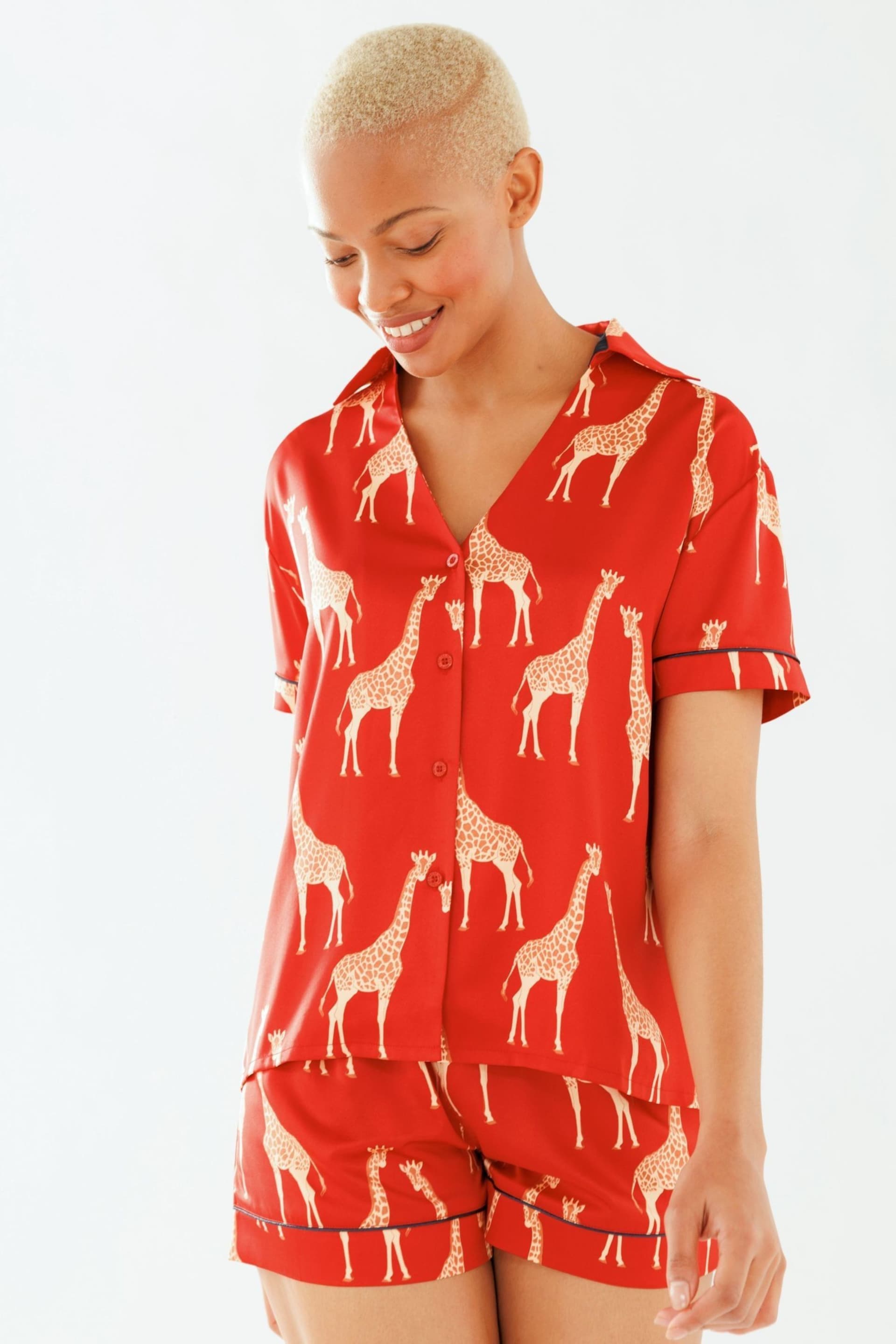 Chelsea Peers Red Satin Giraffe Print Short Pyjama Set - Image 5 of 5