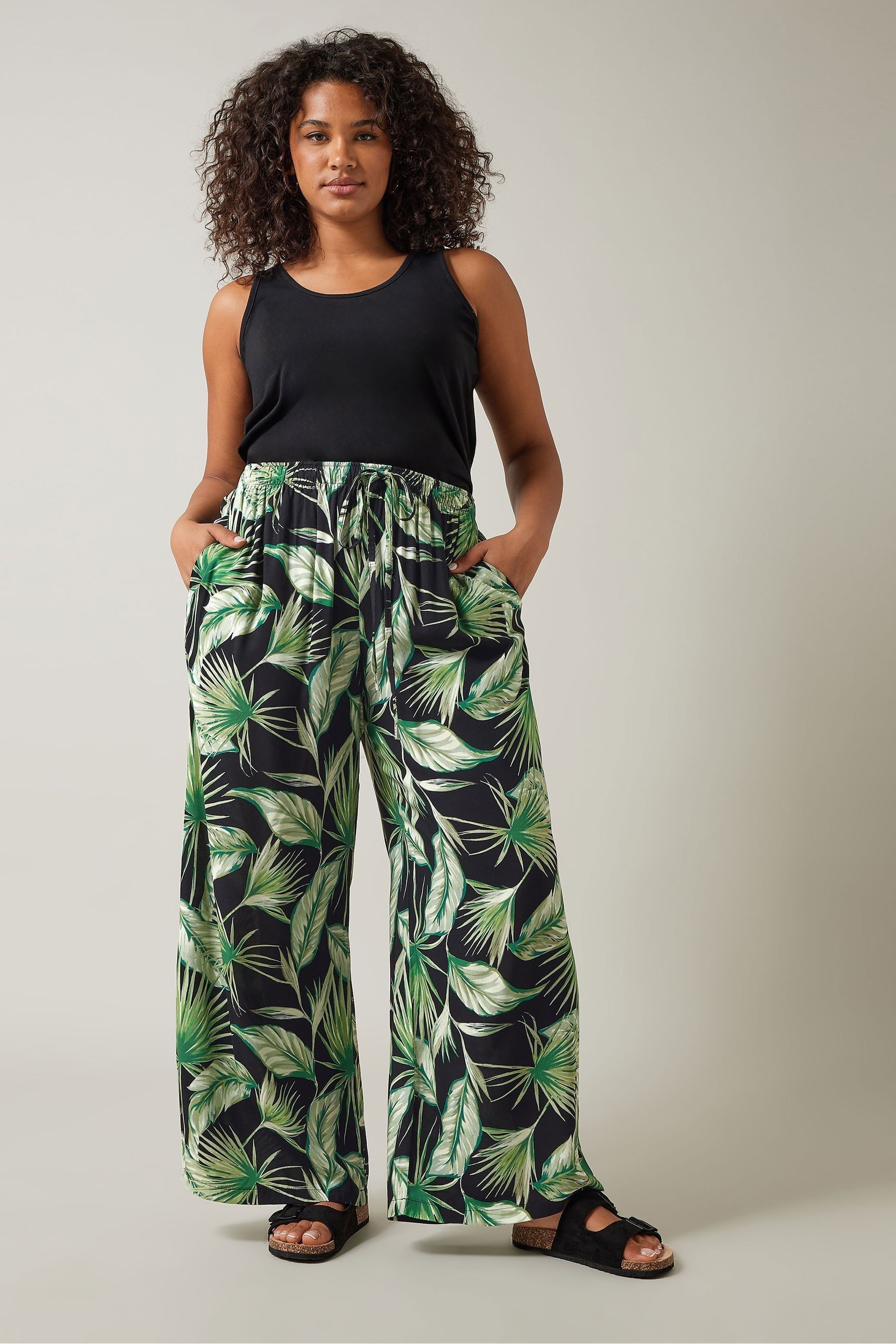 Evans Curve Green Palm Print Wide Leg Trousers