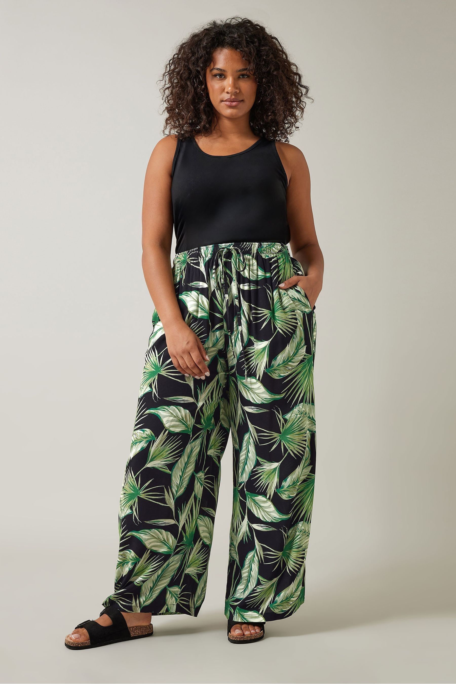Evans Curve Green Palm Print Wide Leg Trousers