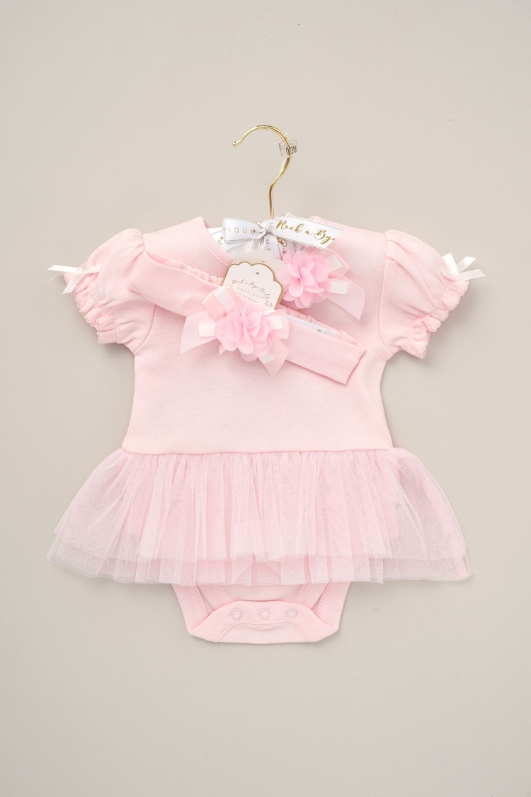 Rock-A-Bye Baby Boutique Pink Ribbon 100% Cotton Detail Bodysuit & Headband Outfit Set - Image 2 of 3