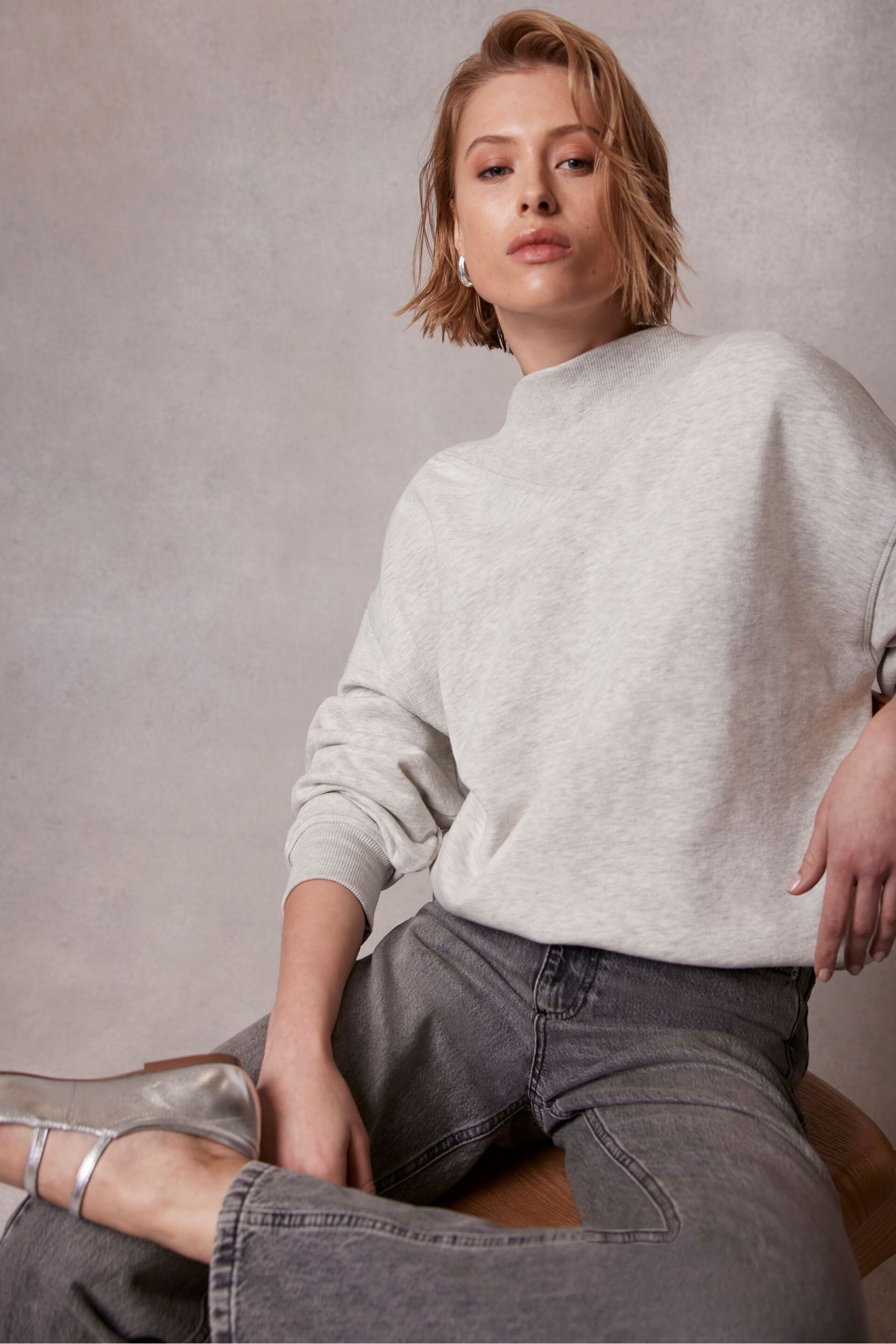 Mint Velvet Grey Ribbed High Neck Sweatshirt - Image 1 of 4