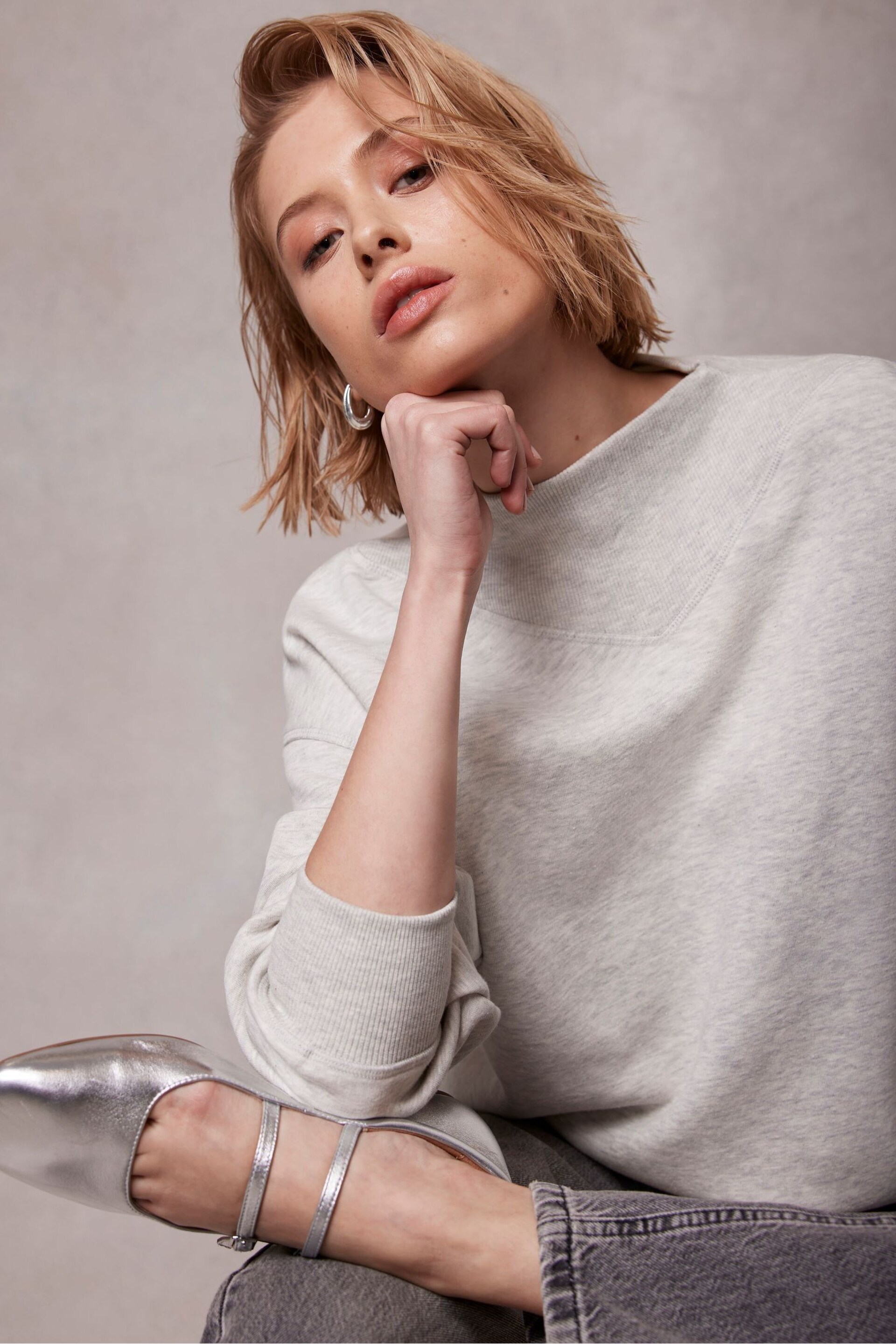 Mint Velvet Grey Ribbed High Neck Sweatshirt - Image 2 of 4