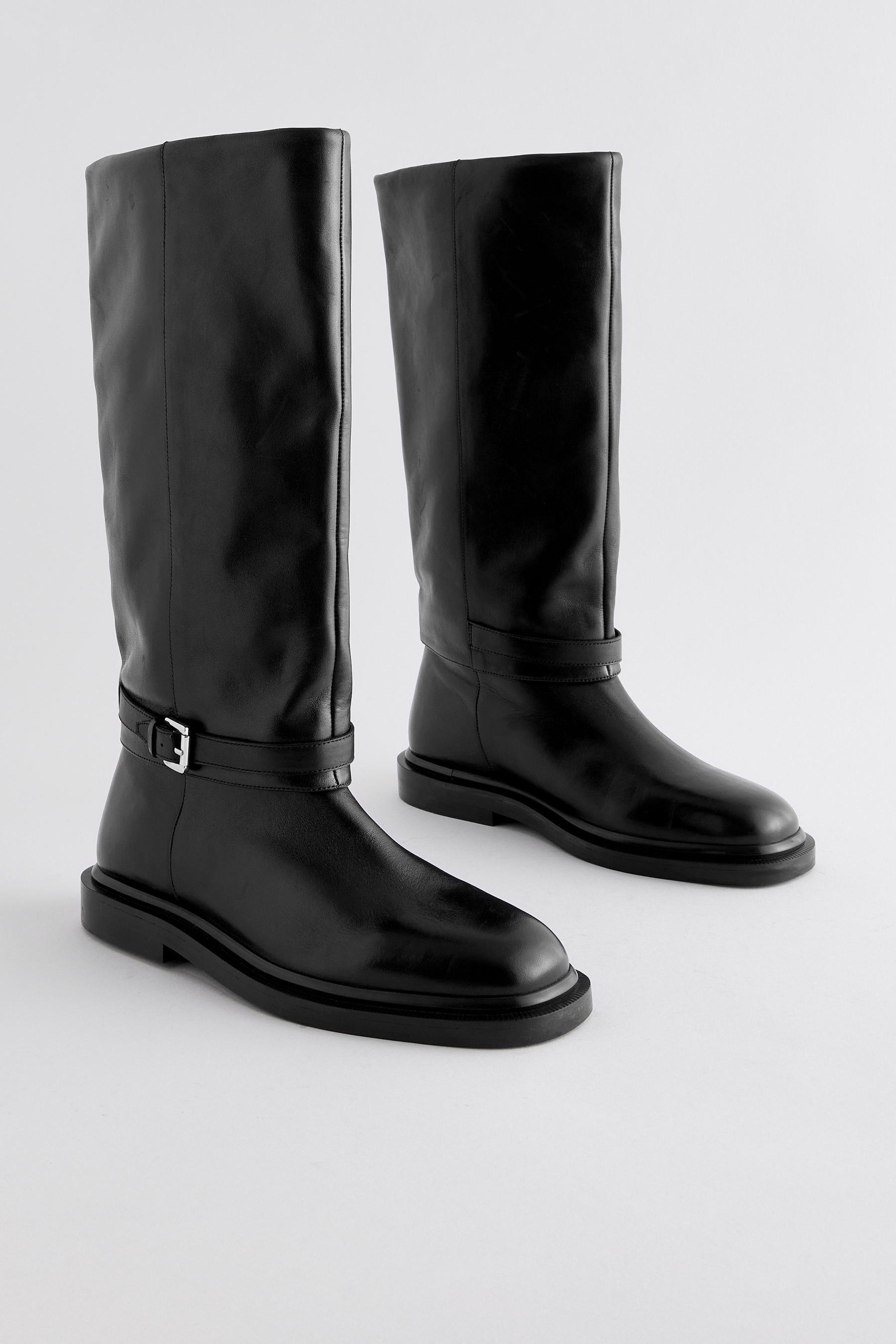 Black Leather Forever Comfort Buckle Detail Rider Boots