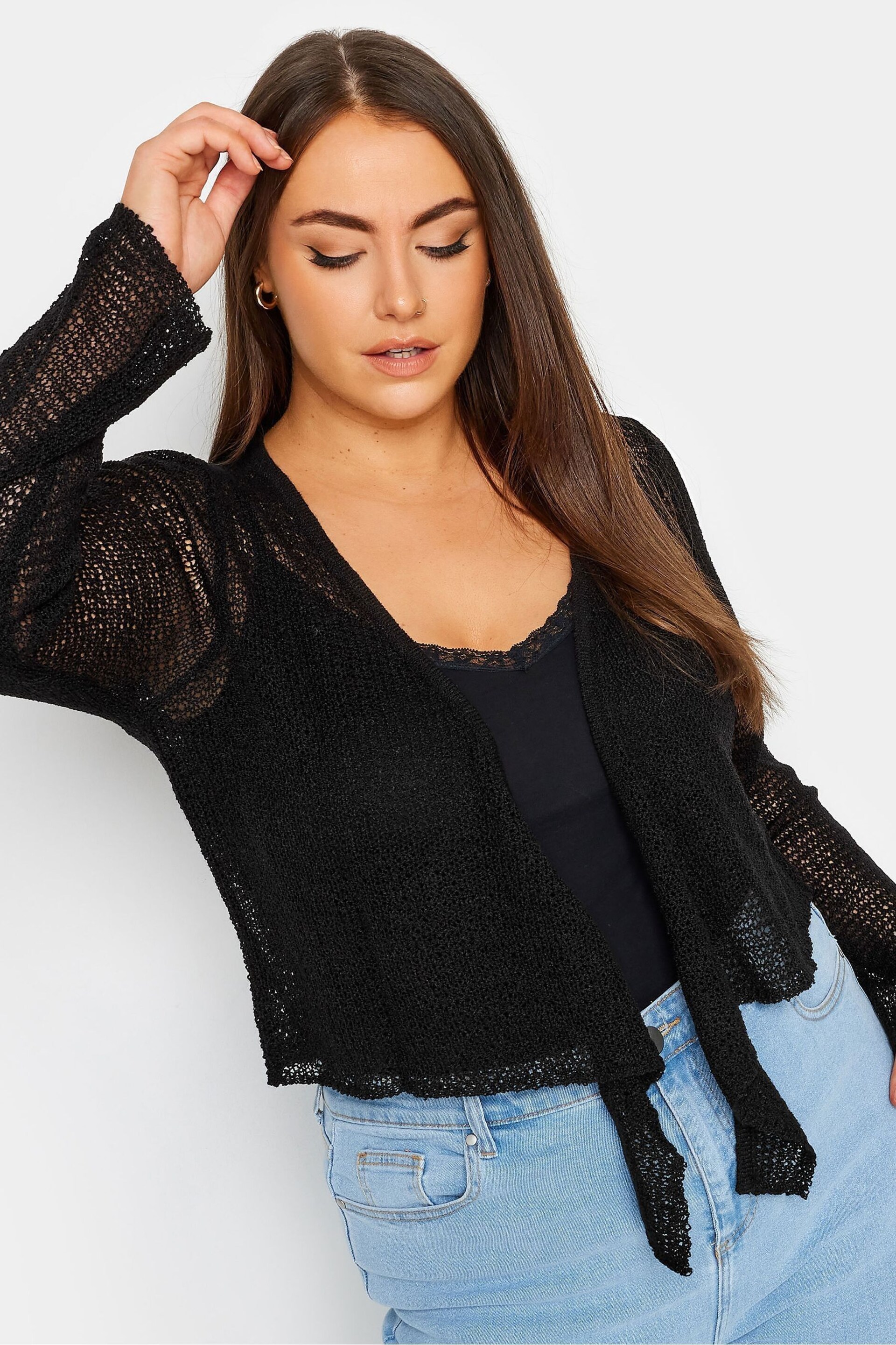 Yours Curve Black Crochet Tie Front Cardigan - Image 1 of 5