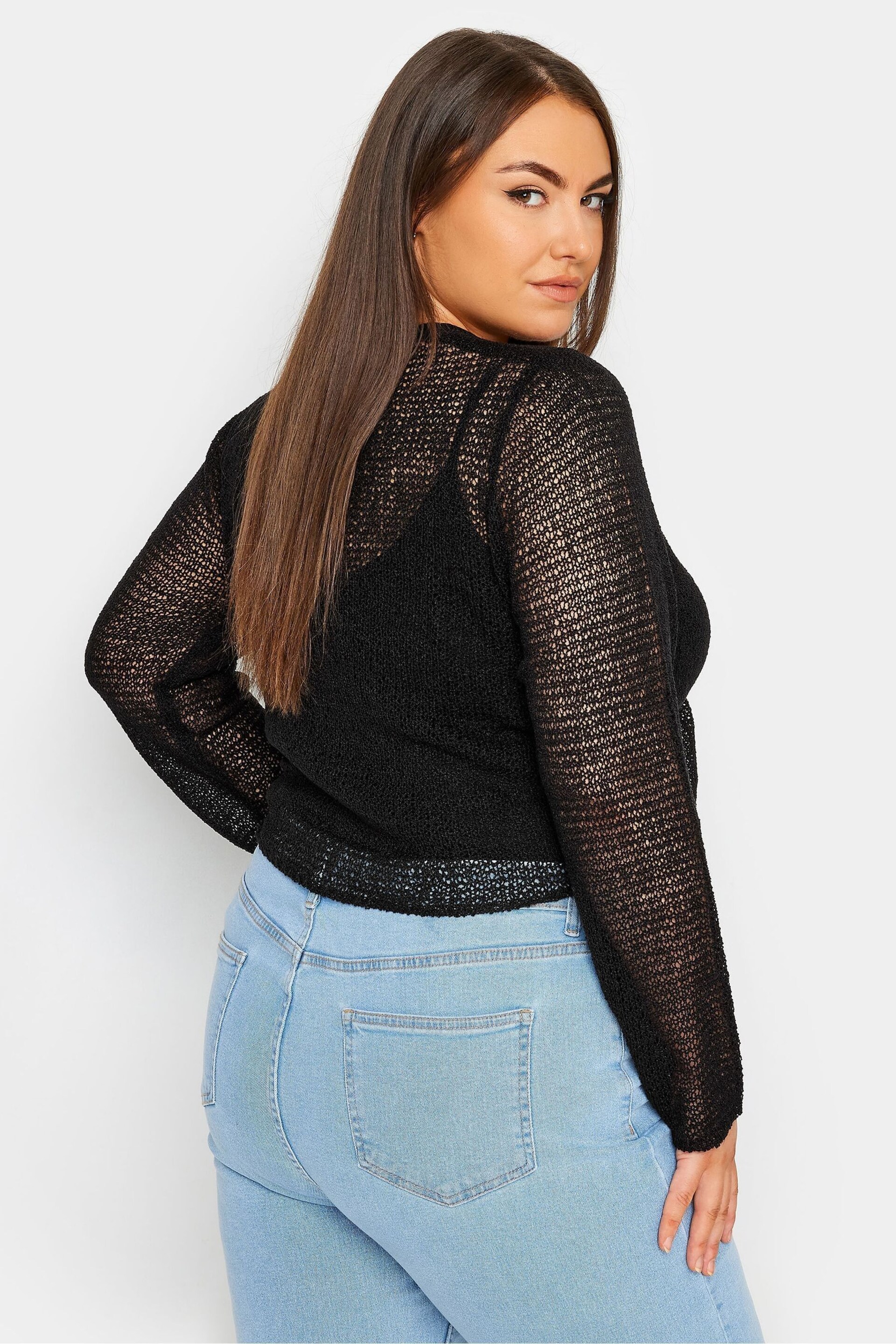 Yours Curve Black Crochet Tie Front Cardigan - Image 3 of 5