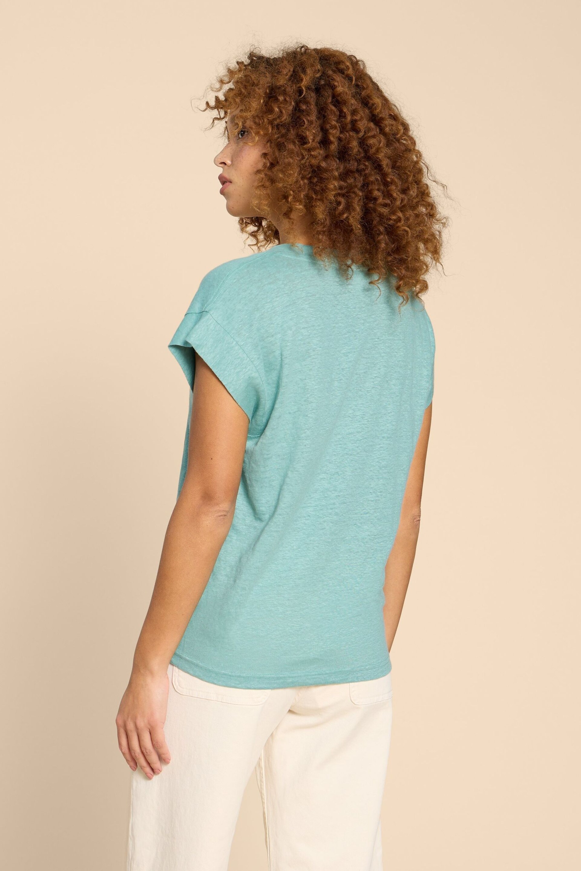 White Stuff Blue Linen V-Neck T-Shirt - Image 2 of 4