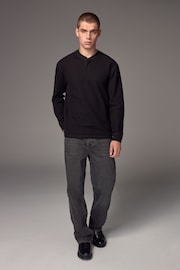 Black Ribbed Textured Long Sleeve Grandad 100% Cotton T-Shirt - Image 2 of 7