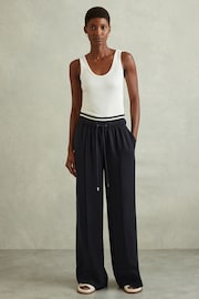 Reiss Navy Fleur Waistband Detail Wide Leg Trousers - Image 3 of 6