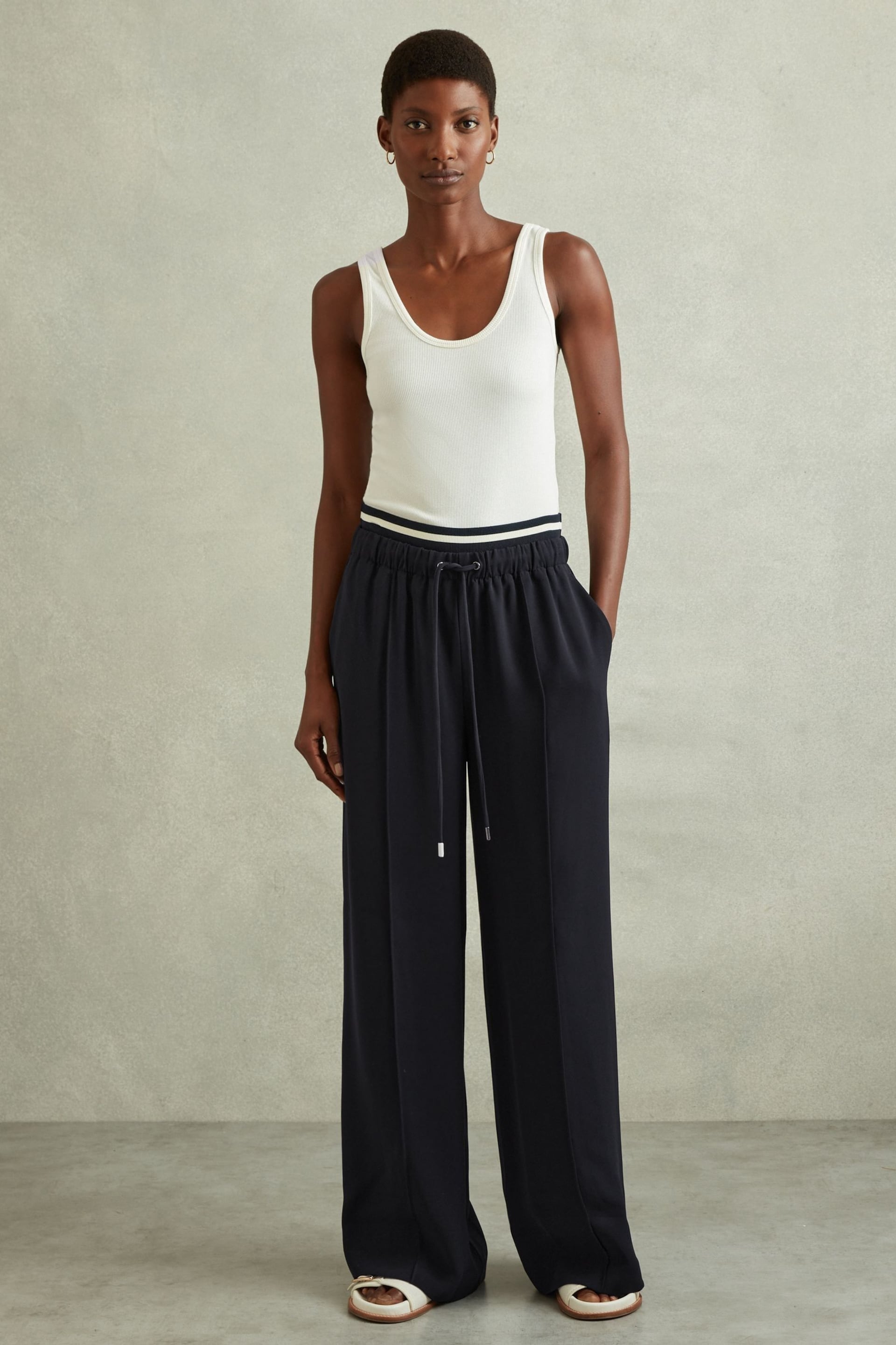 Reiss Navy Fleur Waistband Detail Wide Leg Trousers - Image 3 of 6