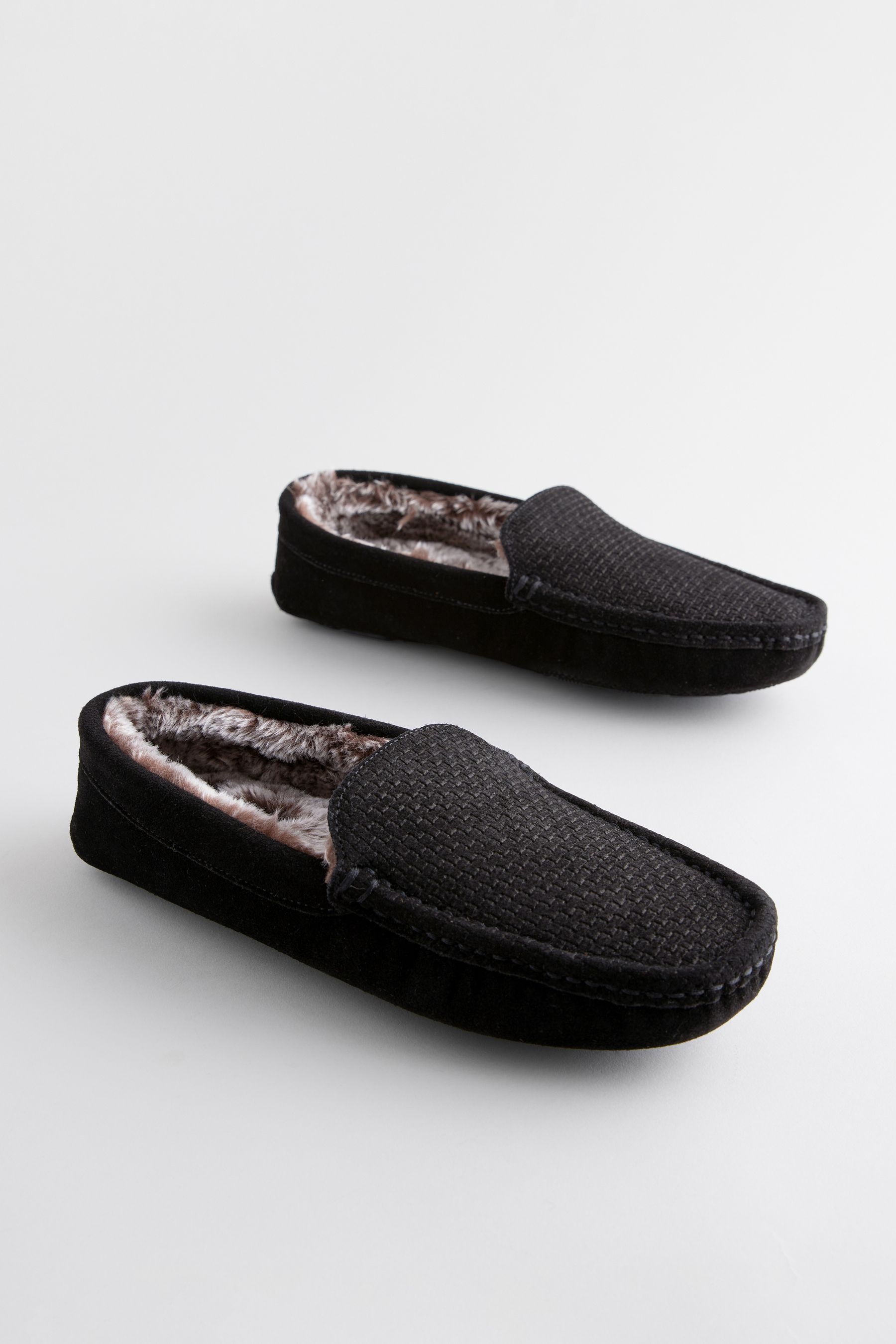 Buy Black Suede Faux Fur Lined Moccasin Slippers from the Next UK online shop
