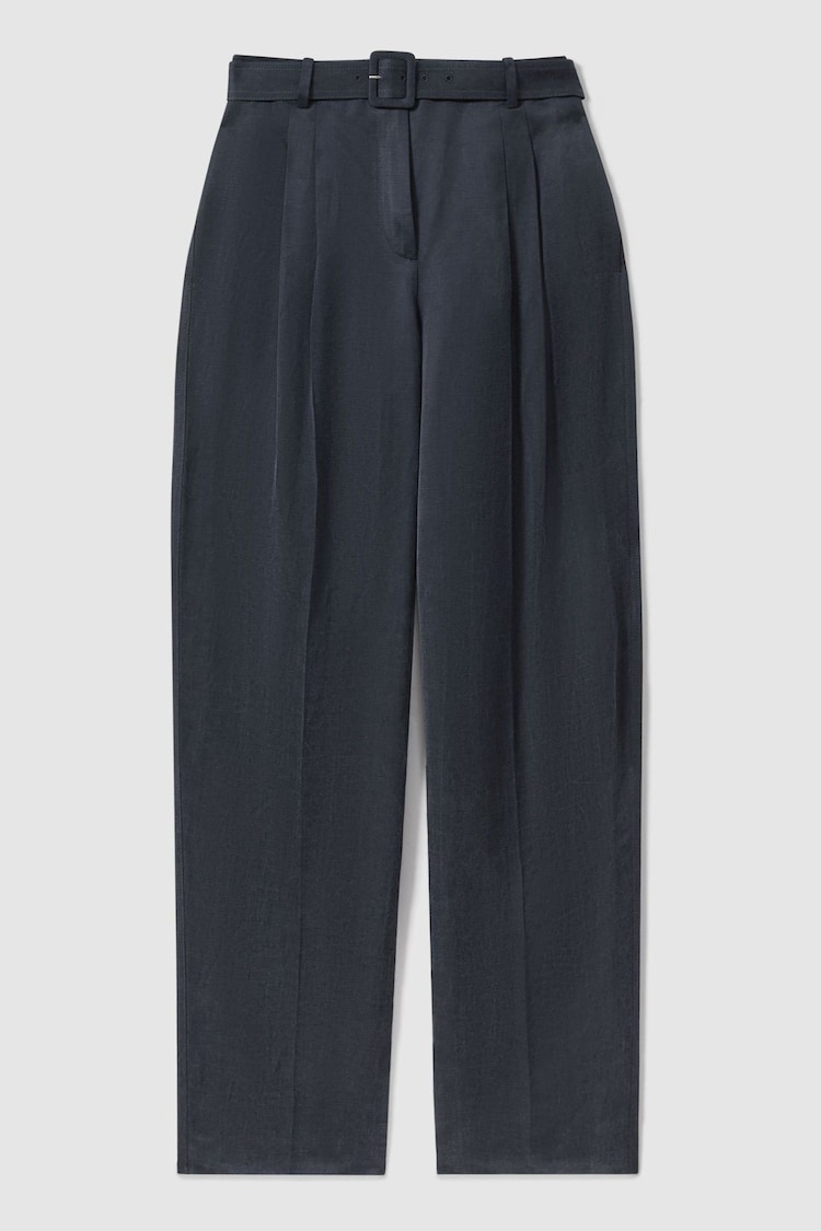 Reiss Navy Olivia Cupro Belted Suit Trousers - Image 2 of 5