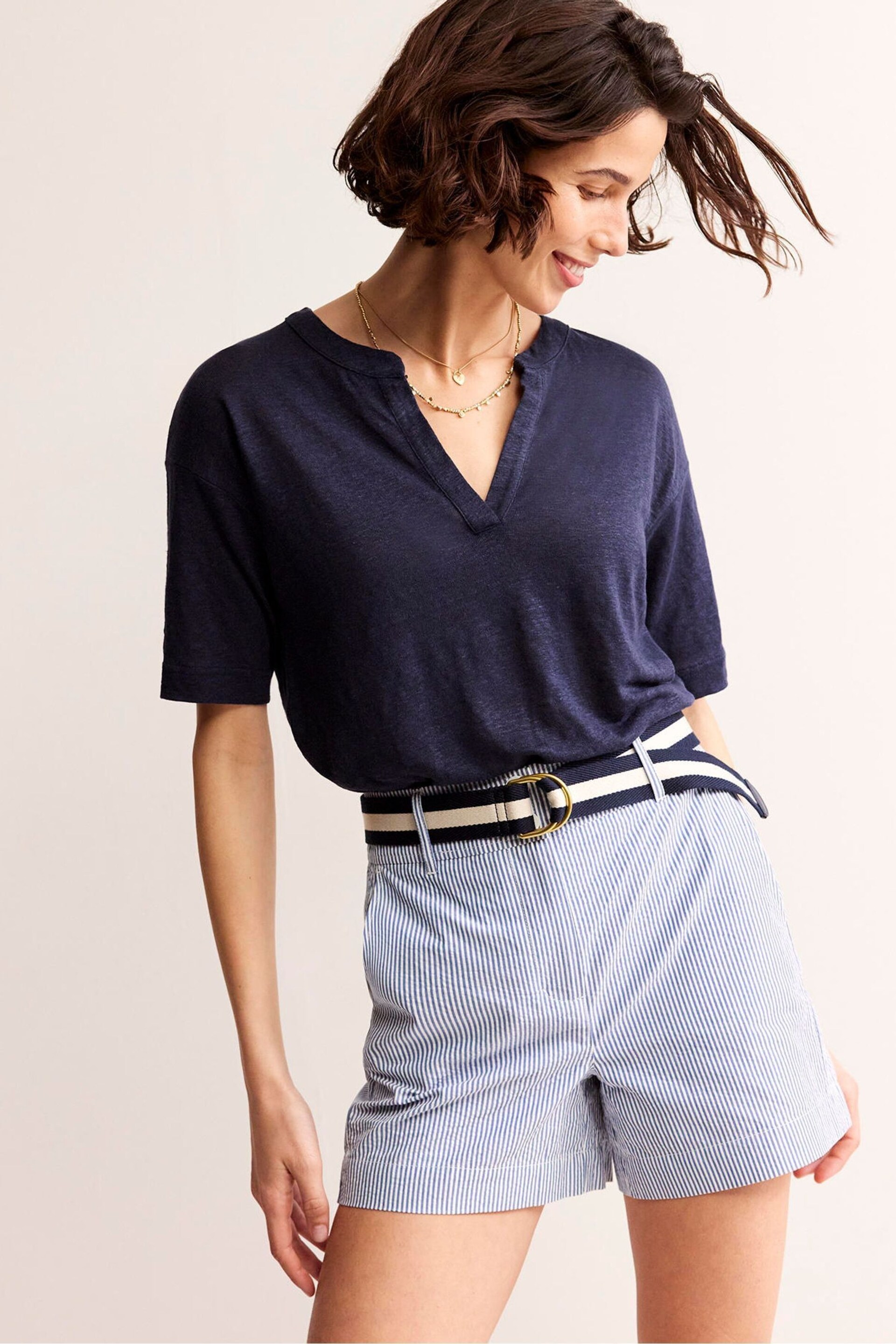 Boden Blue Notch Neck Linen Henley Top - Image 1 of 5