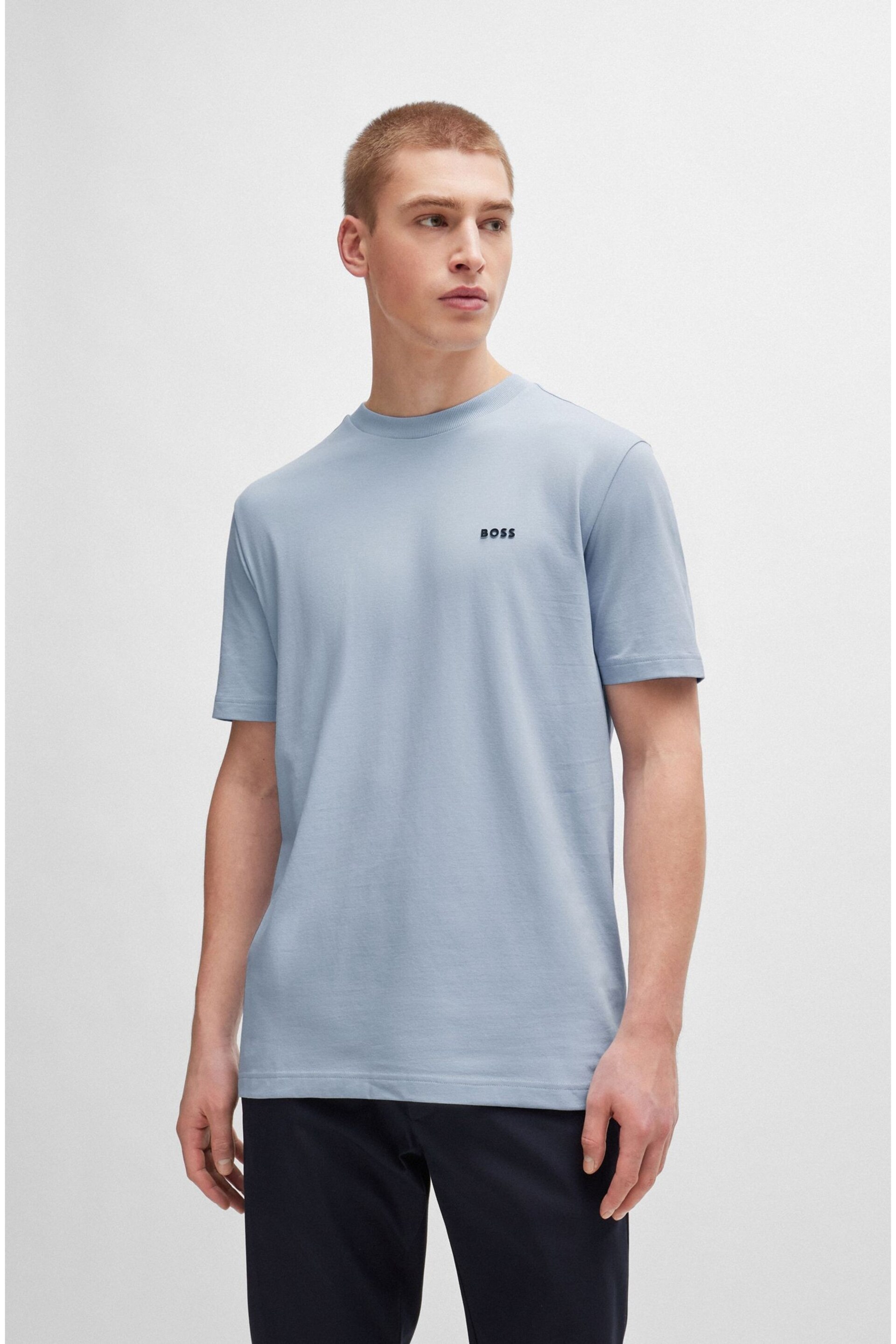 BOSS Blue Stretch-Cotton Regular-Fit T-Shirt With Contrast Logo - Image 1 of 5