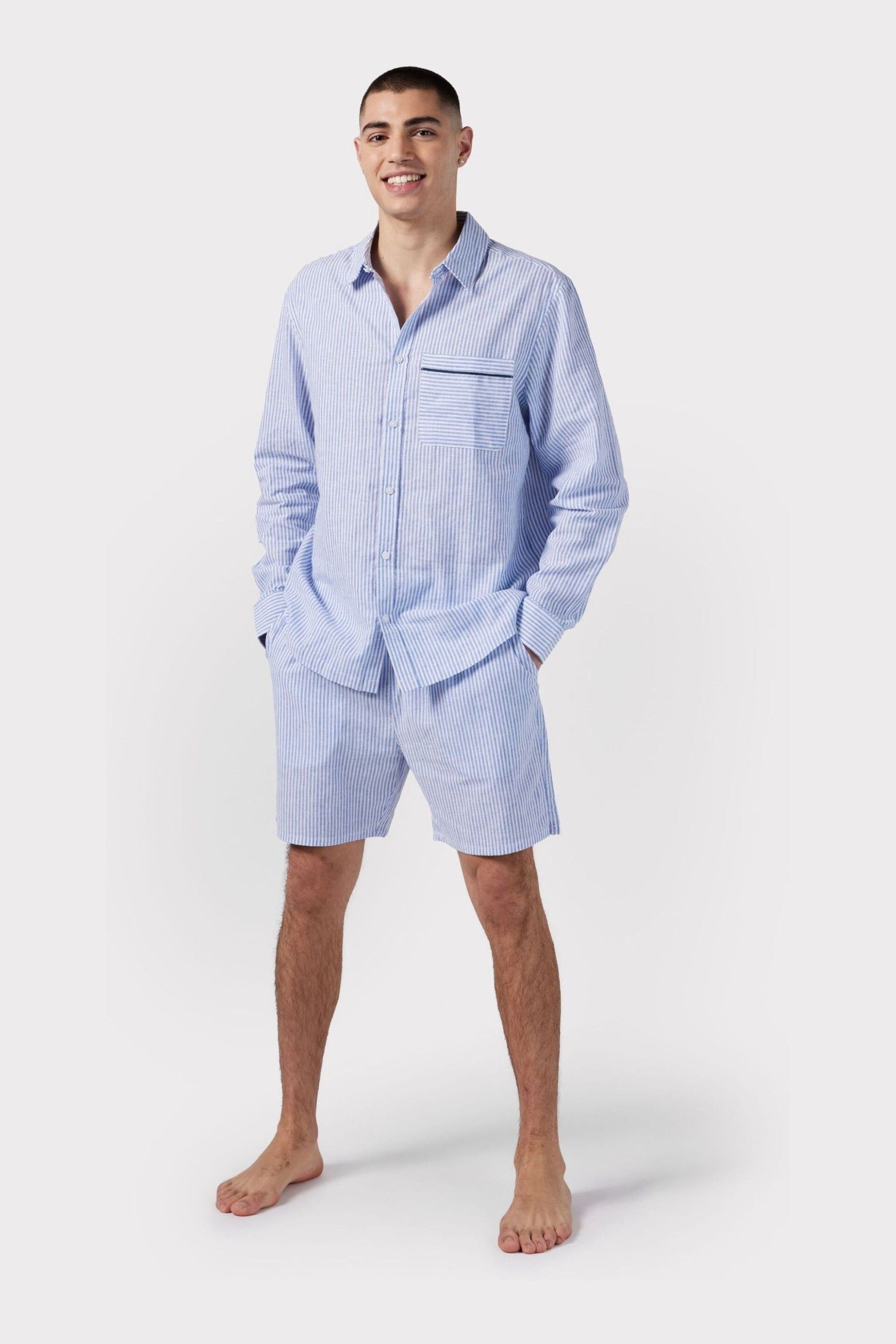 Chelsea Peers Blue Poplin Stripe Pyjama Shorts - Image 4 of 5