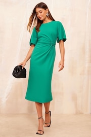 Friends Like These Green Tailored Knot Detail Flutter Sleeve Midi Dress - Image 3 of 4