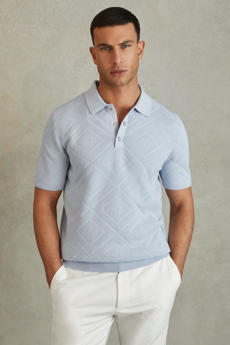 Reiss Soft Blue Lupton Cotton Textured Press-Stud Polo Shirt - Image 1 of 5