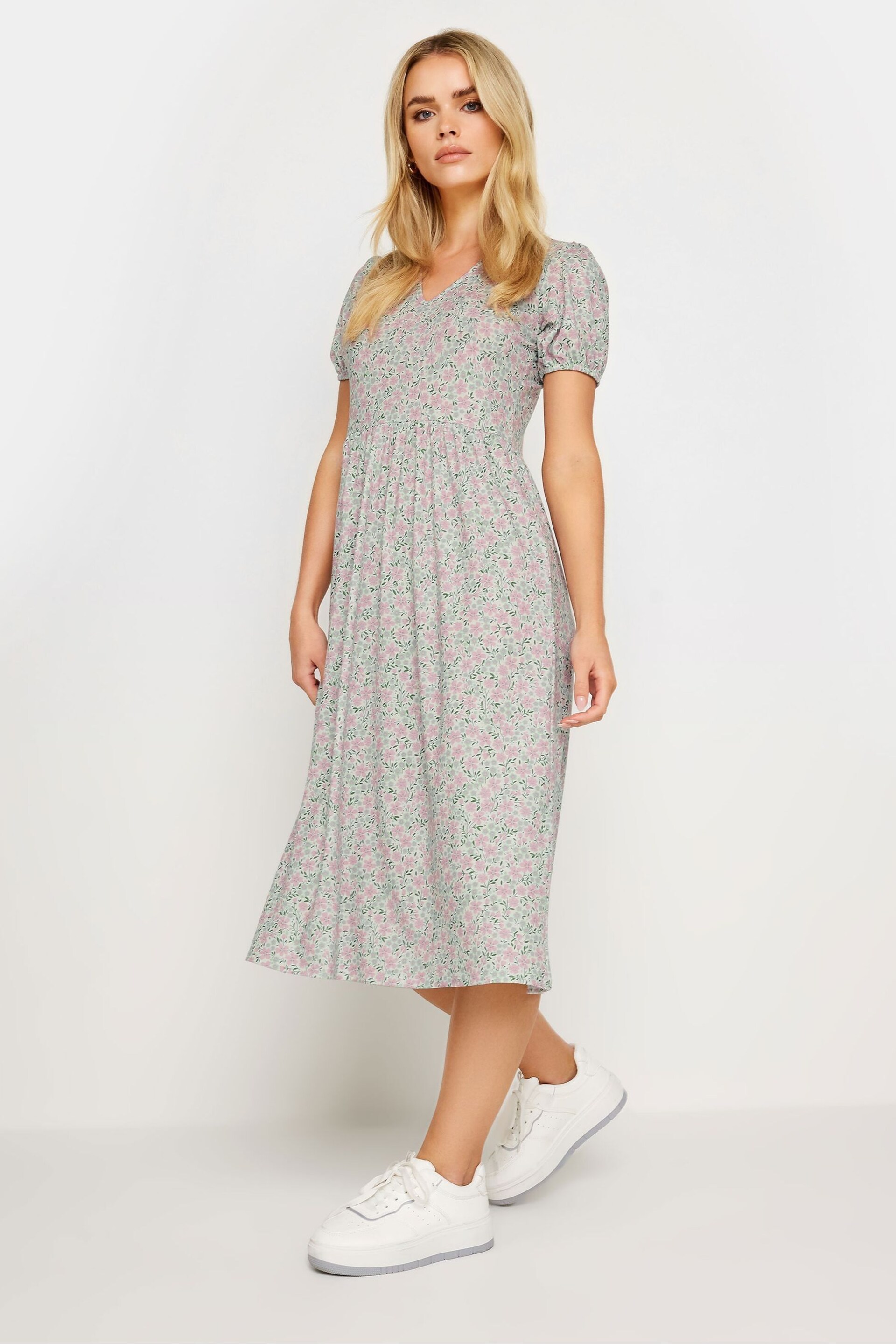 PixieGirl Petite Grey Floral Print V-Neck Midi Dress - Image 1 of 5