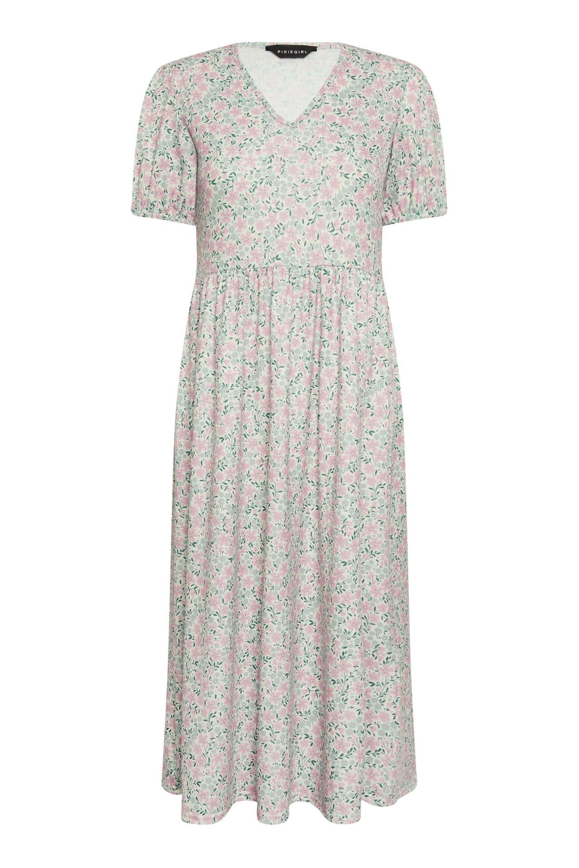 PixieGirl Petite Grey Floral Print V-Neck Midi Dress - Image 5 of 5