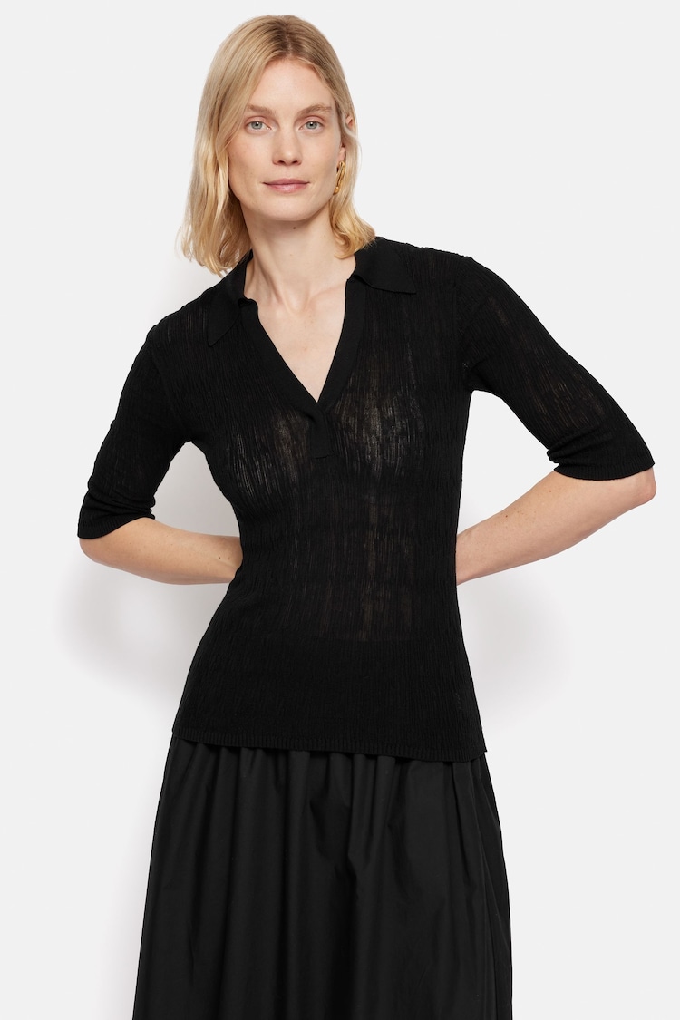 Jigsaw Black 100% Cotton Collar Knitted Top - Image 1 of 5