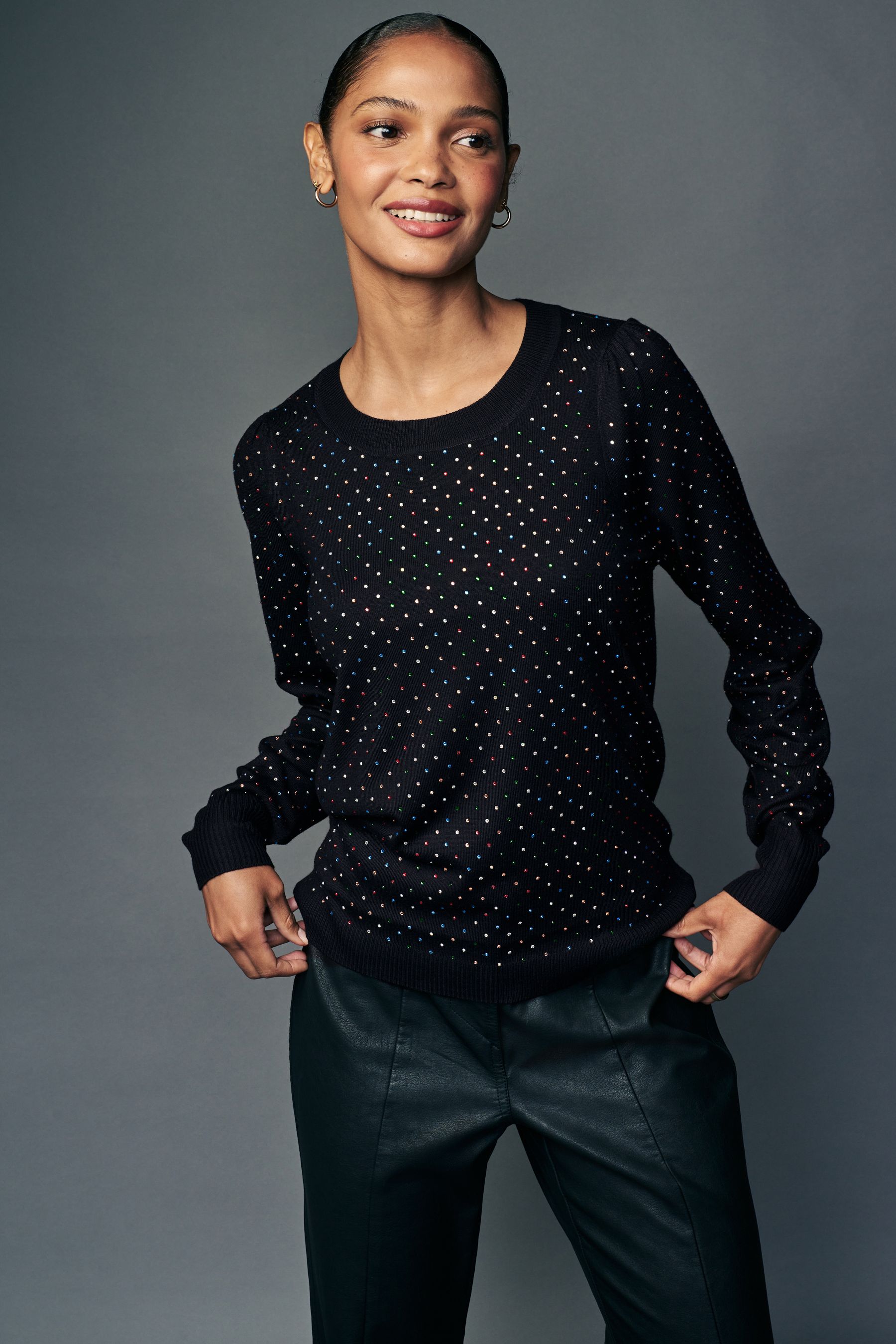 Buy Black Sparkle Crew Neck Long Sleeve Pattern Knitted Jumper from Next Luxembourg