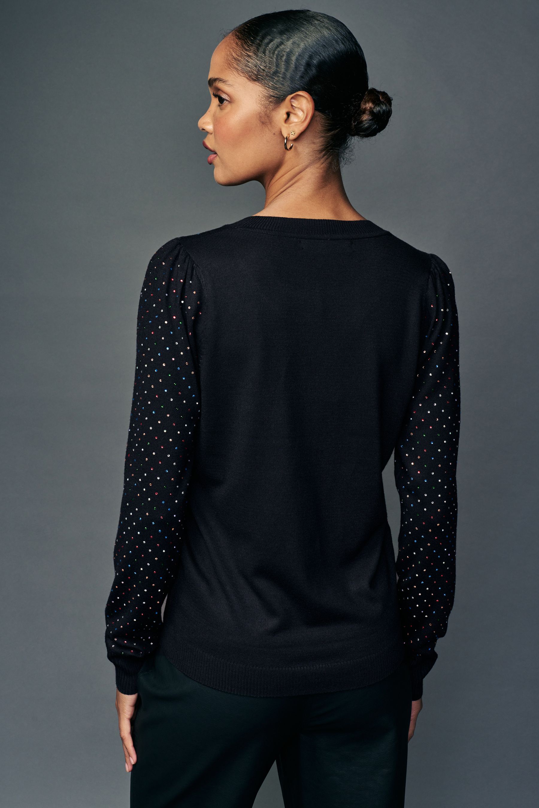 Black Sparkle Crew Neck Long Sleeve Pattern Knitted Jumper