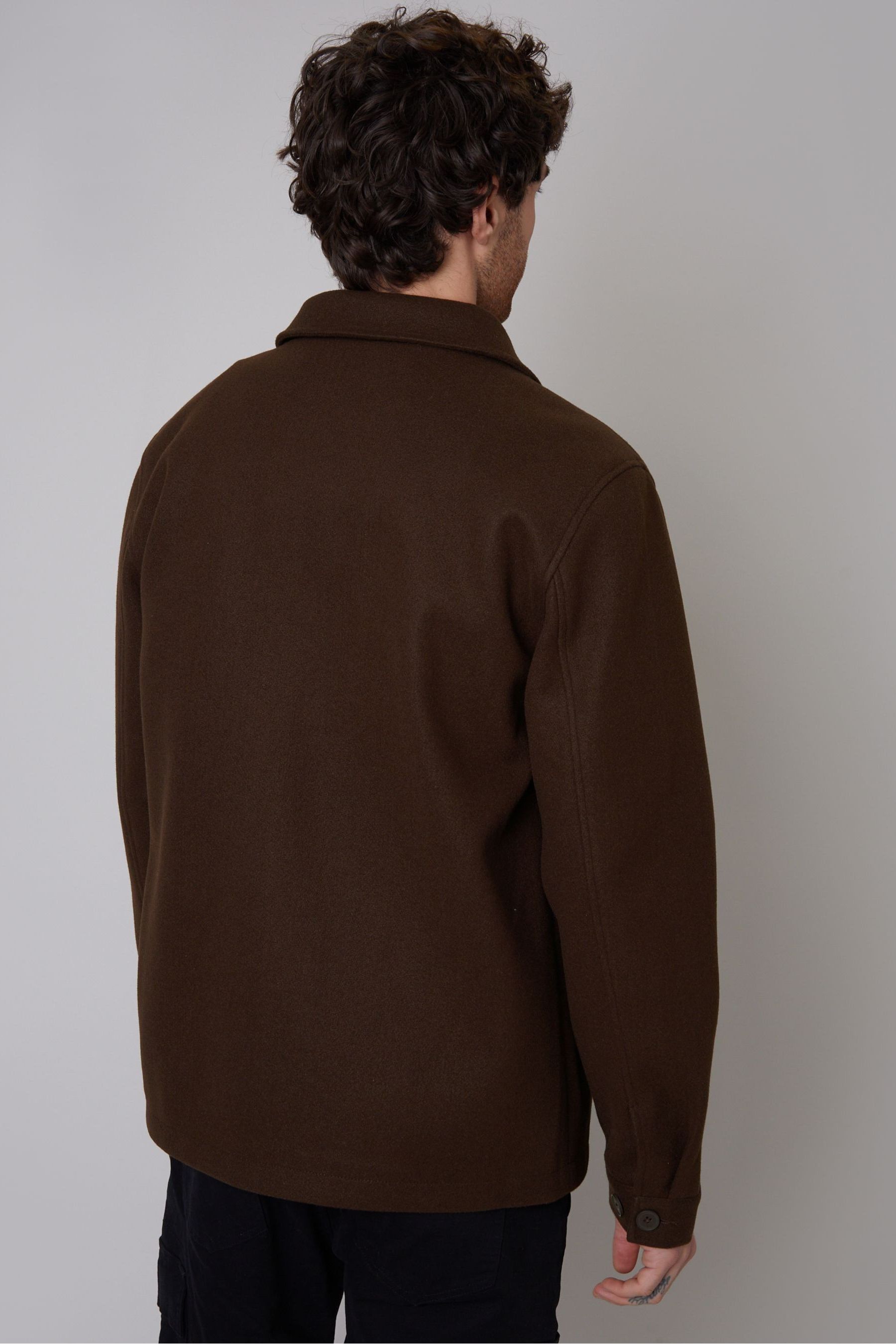 Men's Dark Brown Button Down Stand Collar Jacket
