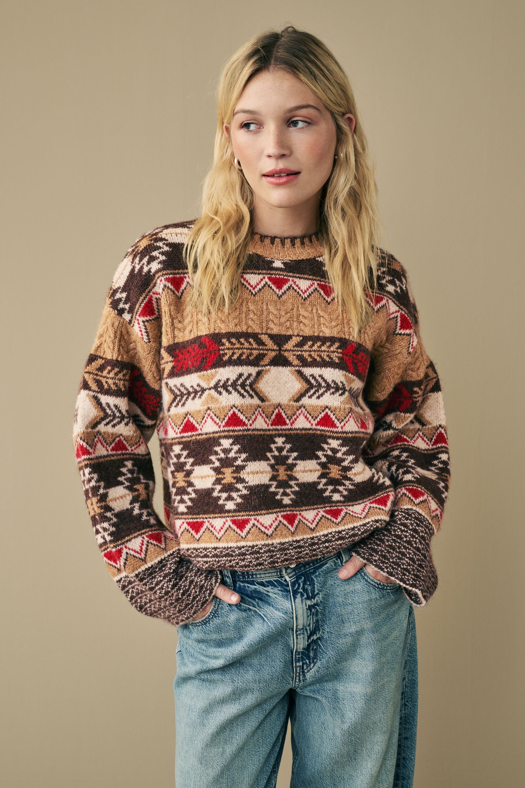 Buy Neutral Aztec Pattern Relaxed Fit Soft Touch Knitted Jumper from the Next UK online shop