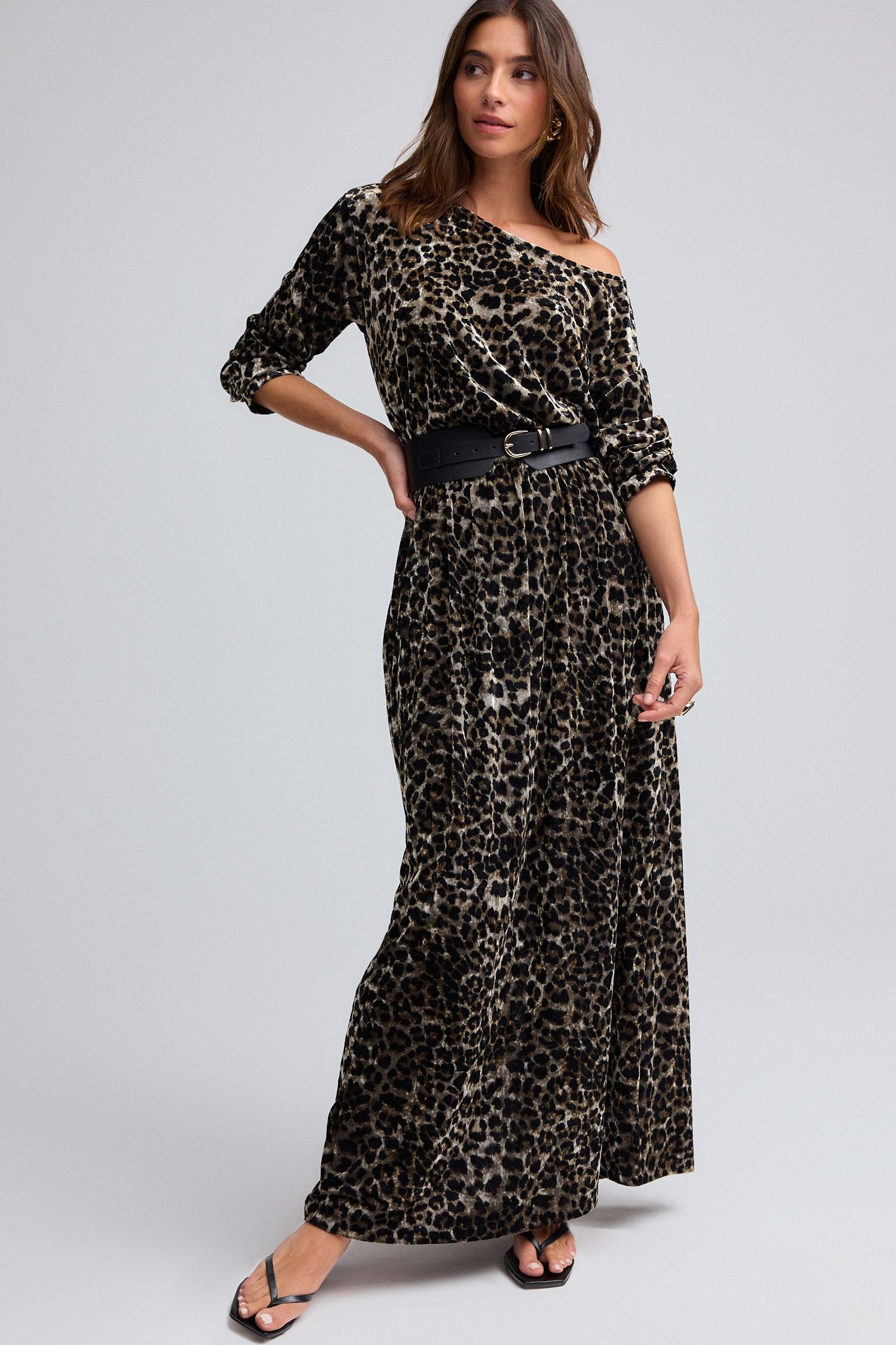 Leopard Animal Print Long Sleeve Velvet Maxi Dress