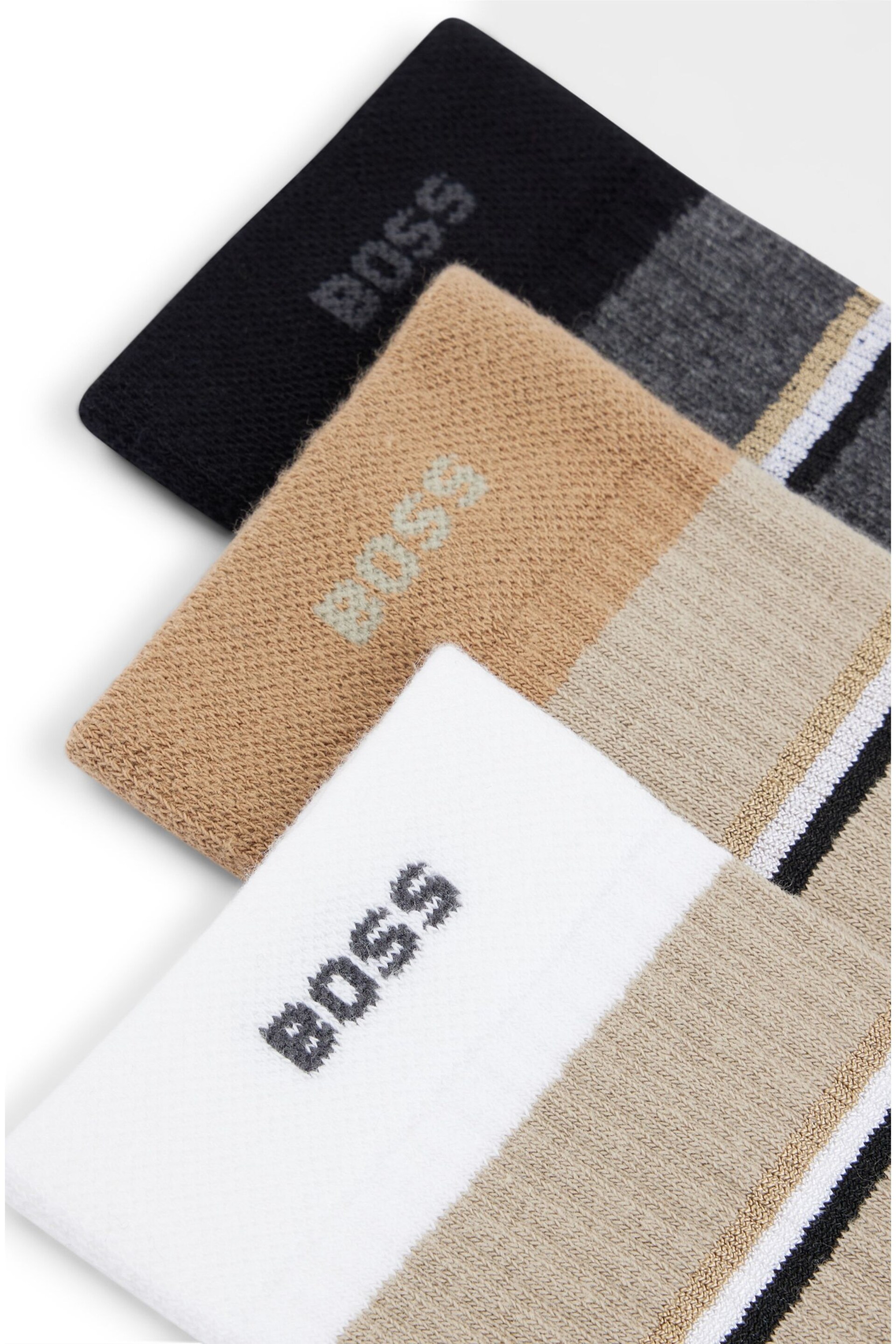 BOSS White/Black/Neutral Regular Length Ribbed Stripe Branded Socks 3 Pack - Image 2 of 3